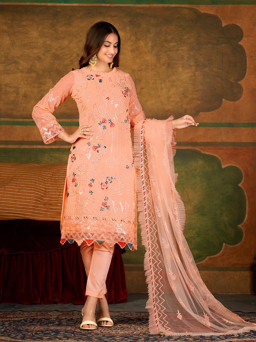 

Atsevam Embroidered Semi-Stitched Dress Material, Orange