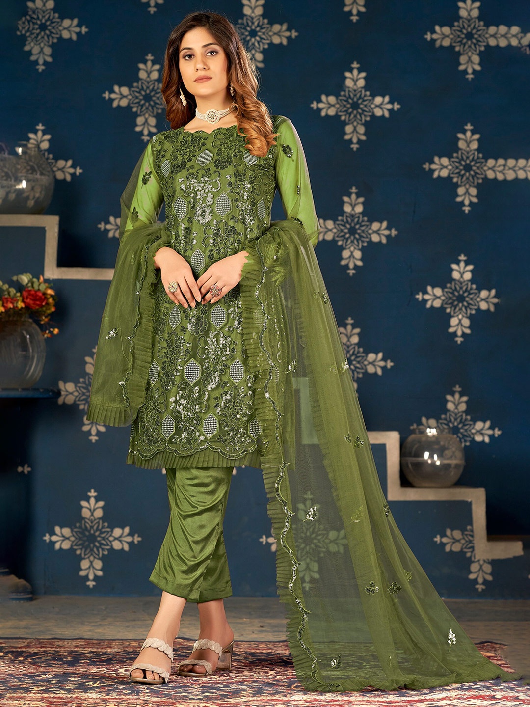

Atsevam Ethnic Embroidered Silk Georgette Semi-Stitched Dress Material, Green