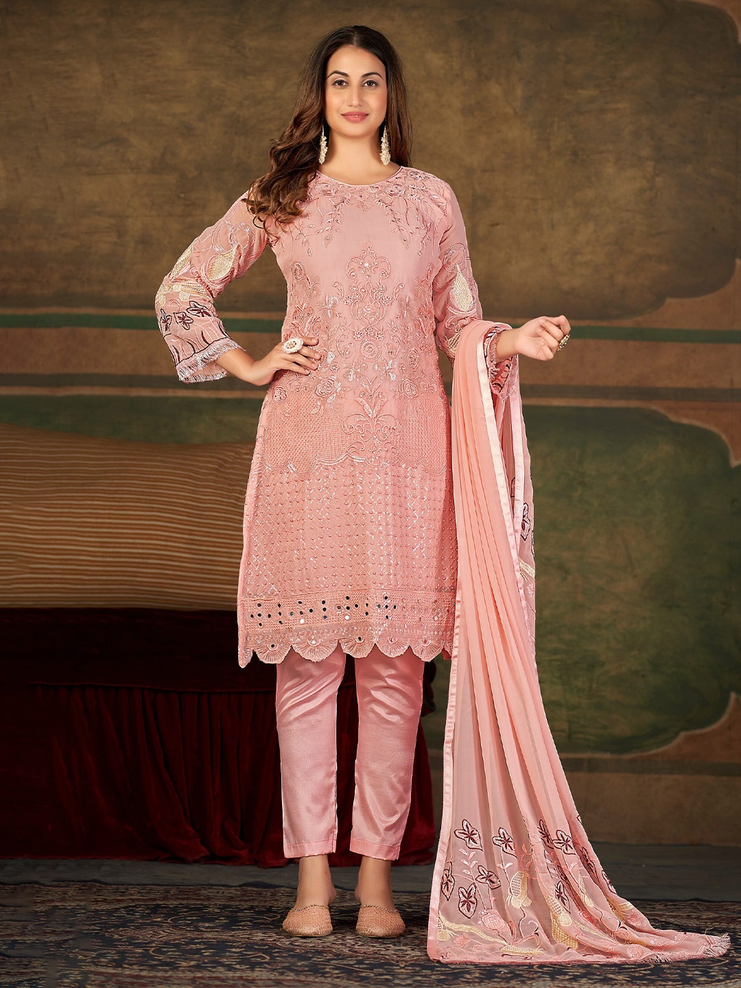 

Atsevam Ethnic Motifs Embroidered Mirror Work Semi-Stitched Net Dress Material, Pink