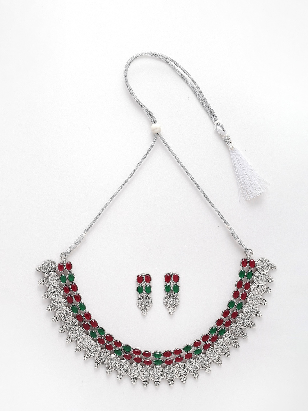 

Sangria Oxidised Silver-Plated Studded Lakhshmi Coin Jewellery Set