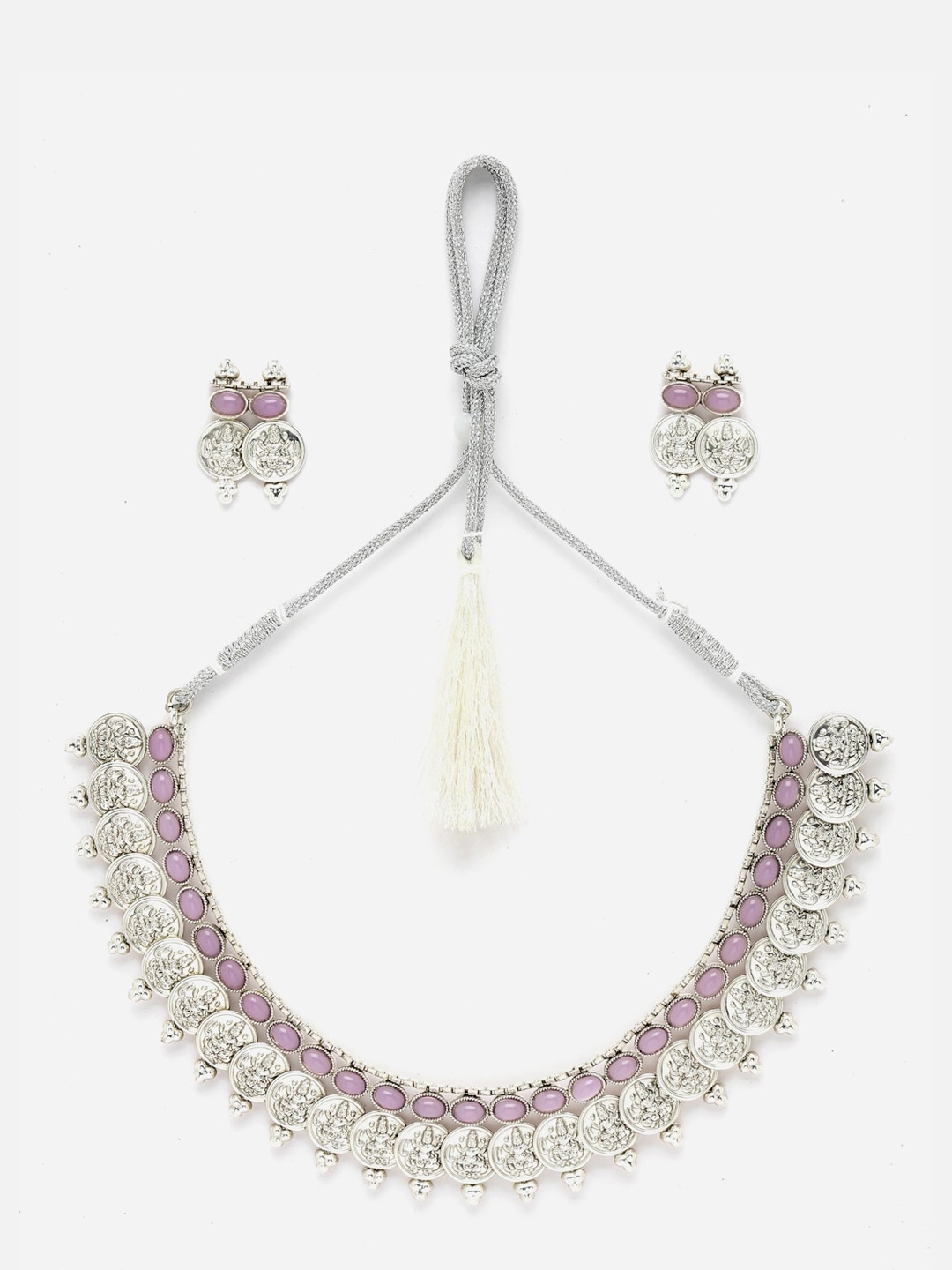 

Sangria Oxidised Silver-Plated CZ & Pearl Studded Jewellery Set, Pink