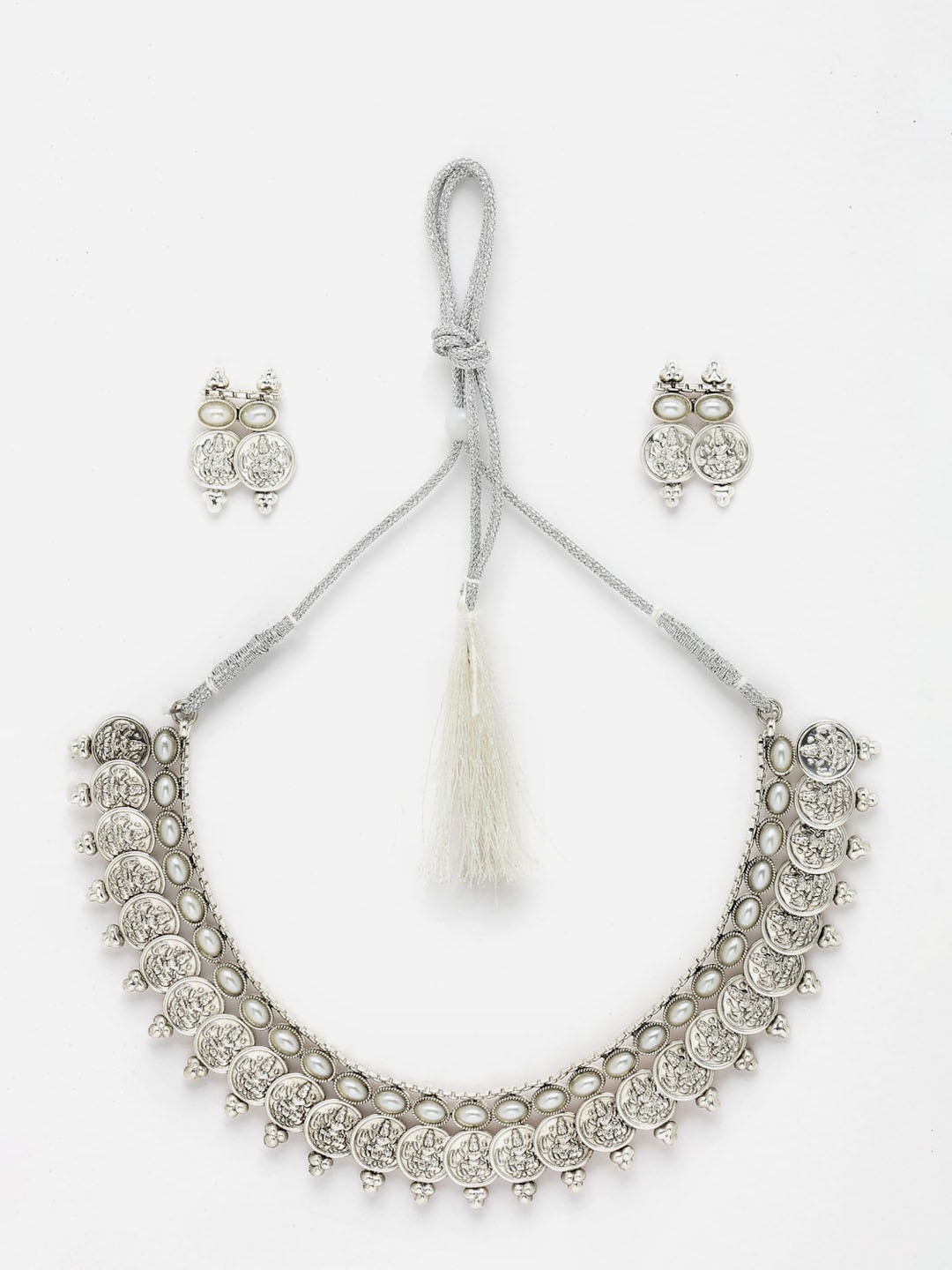 

Sangria Oxidised Silver-Plated CZ & Pearl Studded Jewellery Set, White