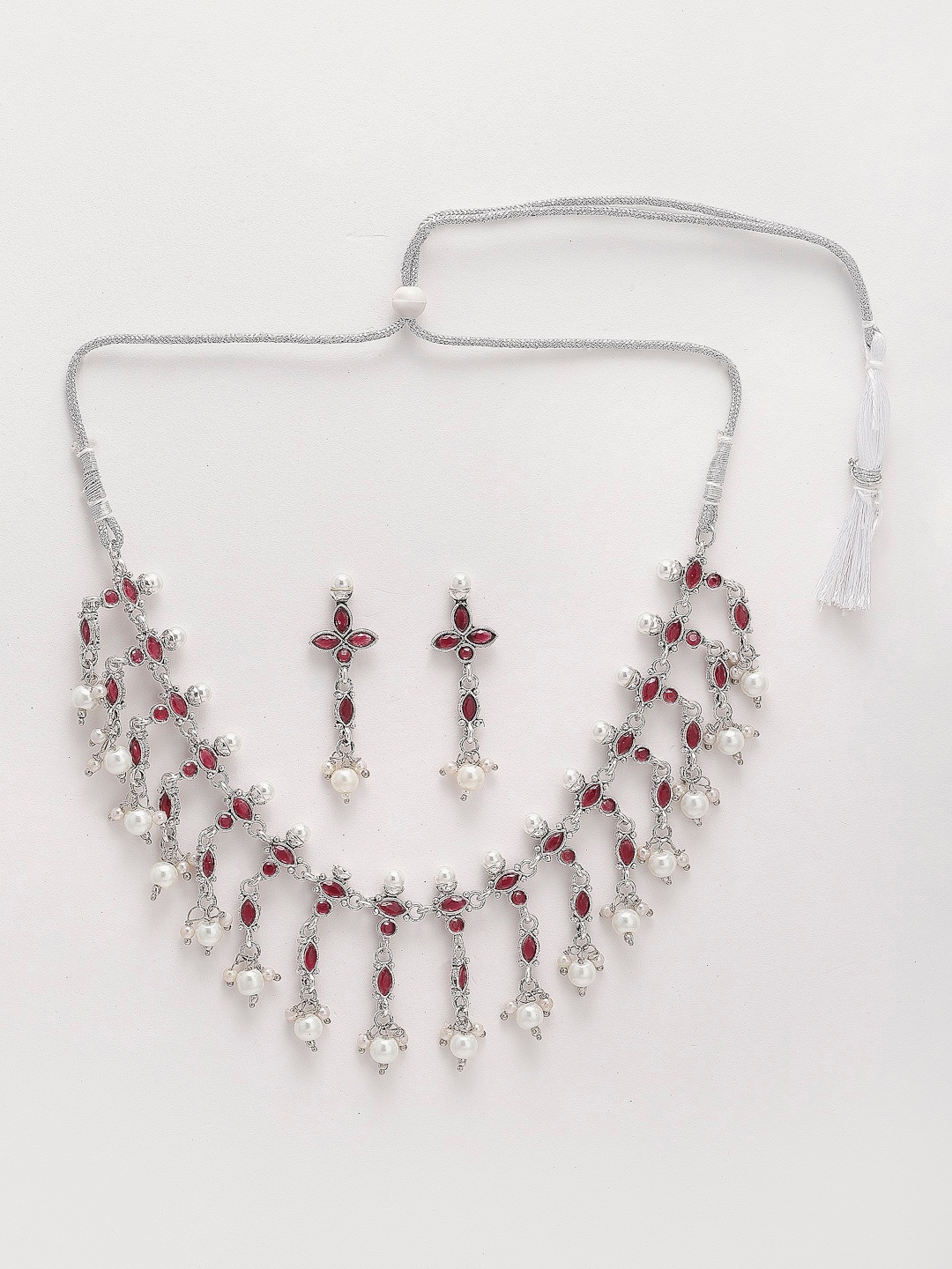 

Sangria Oxidised Silver-Plated Studded Tasselled Necklace with Earrings Set, White