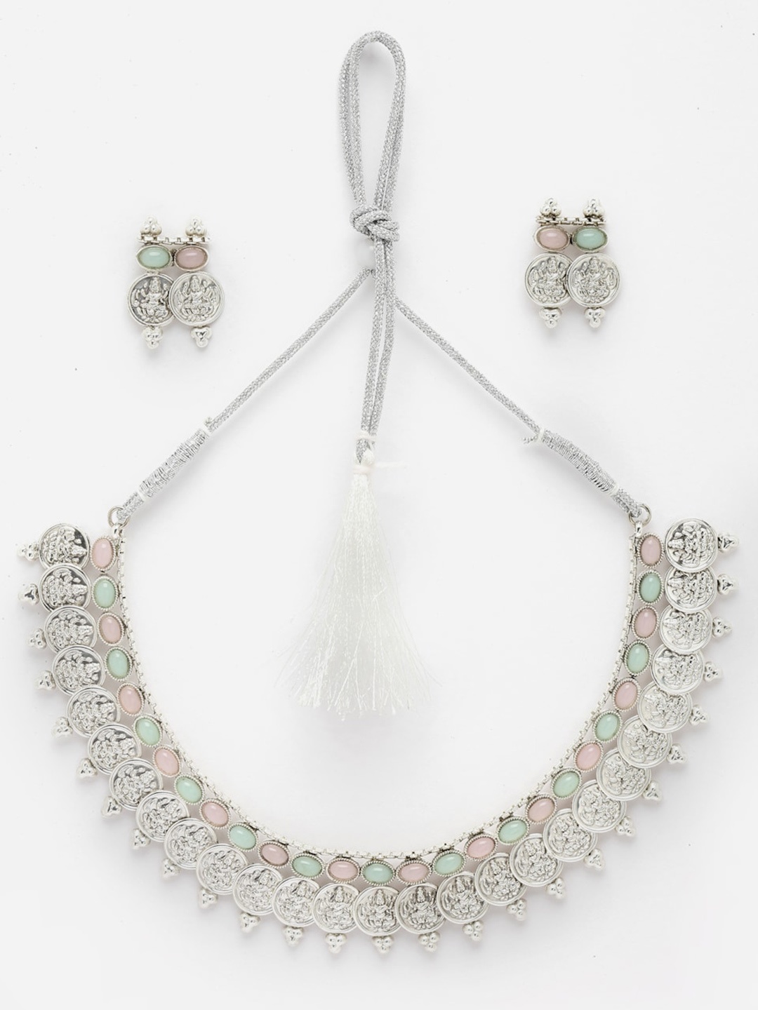 

Sangria Silver-Plated Oxidised CZ Studded Lakshmi Coin Detail Jewellery Set