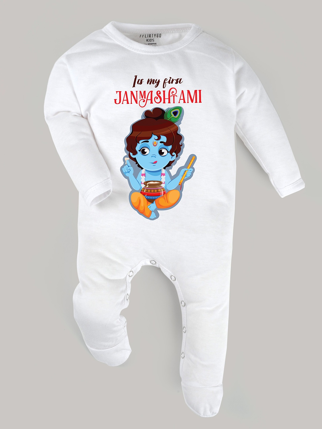 

FFLIRTYGO Infants Janmashtami Special Printed Pure Cotton Sleepsuit, White
