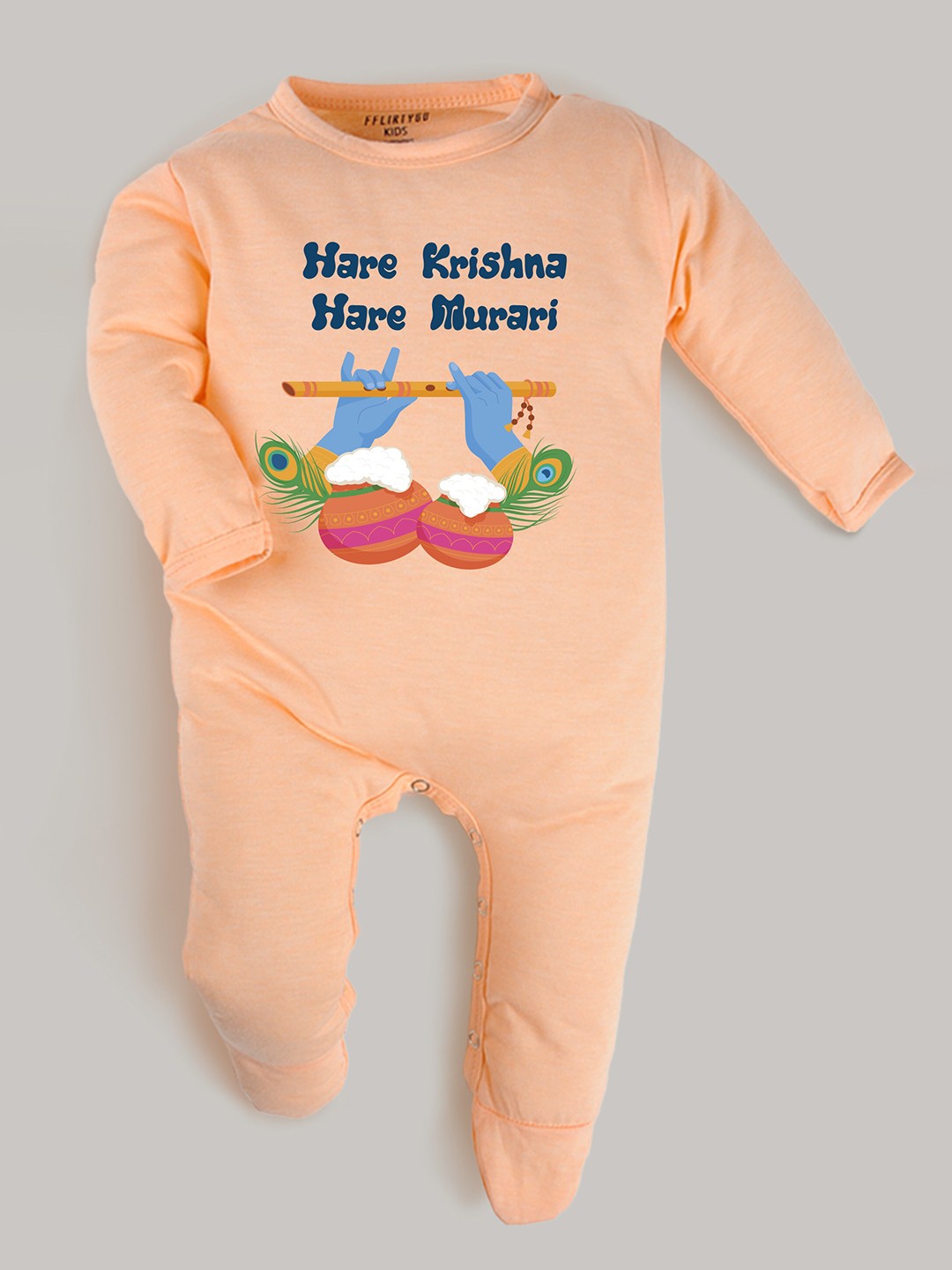 

FFLIRTYGO Infants Janmashtami Special Printed Pure Cotton Sleepsuit, Peach