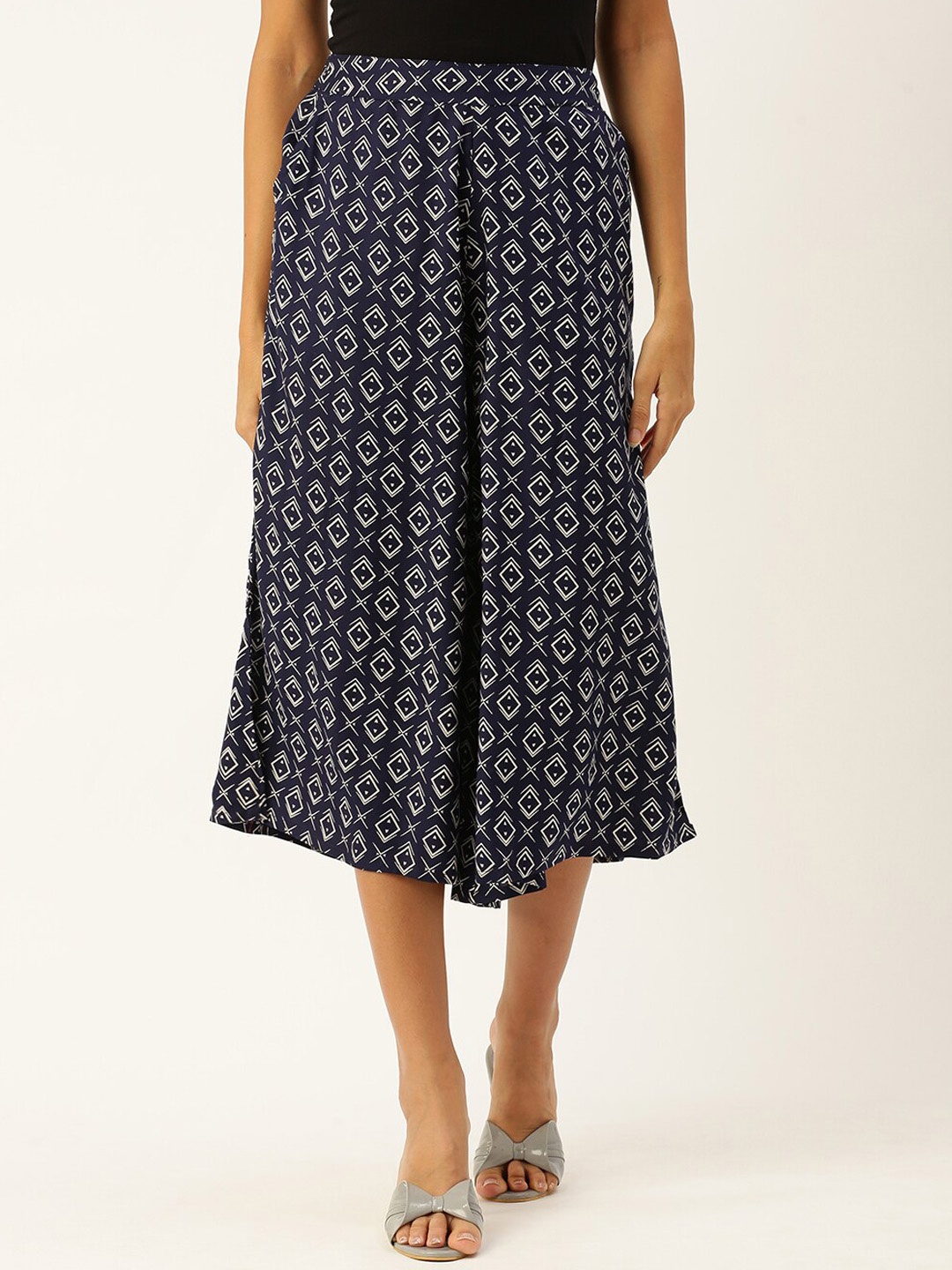 

De Moza Women Geometric Printed High-Rise Culottes, Navy blue