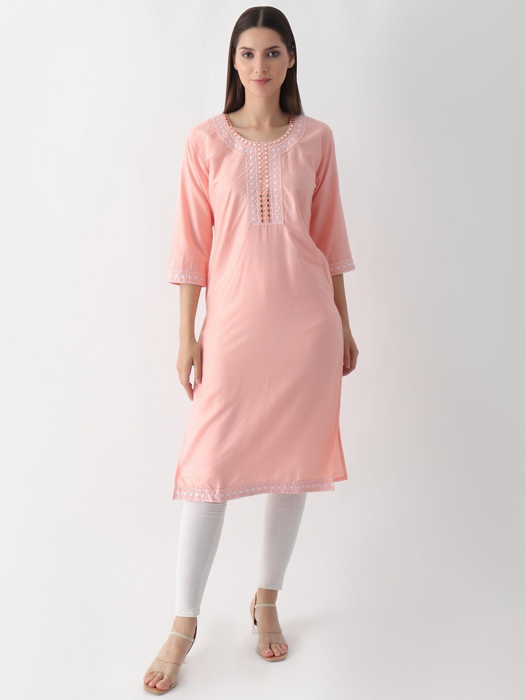 

DKGF FASHION Yoke Design Thread Work Kurta, Peach