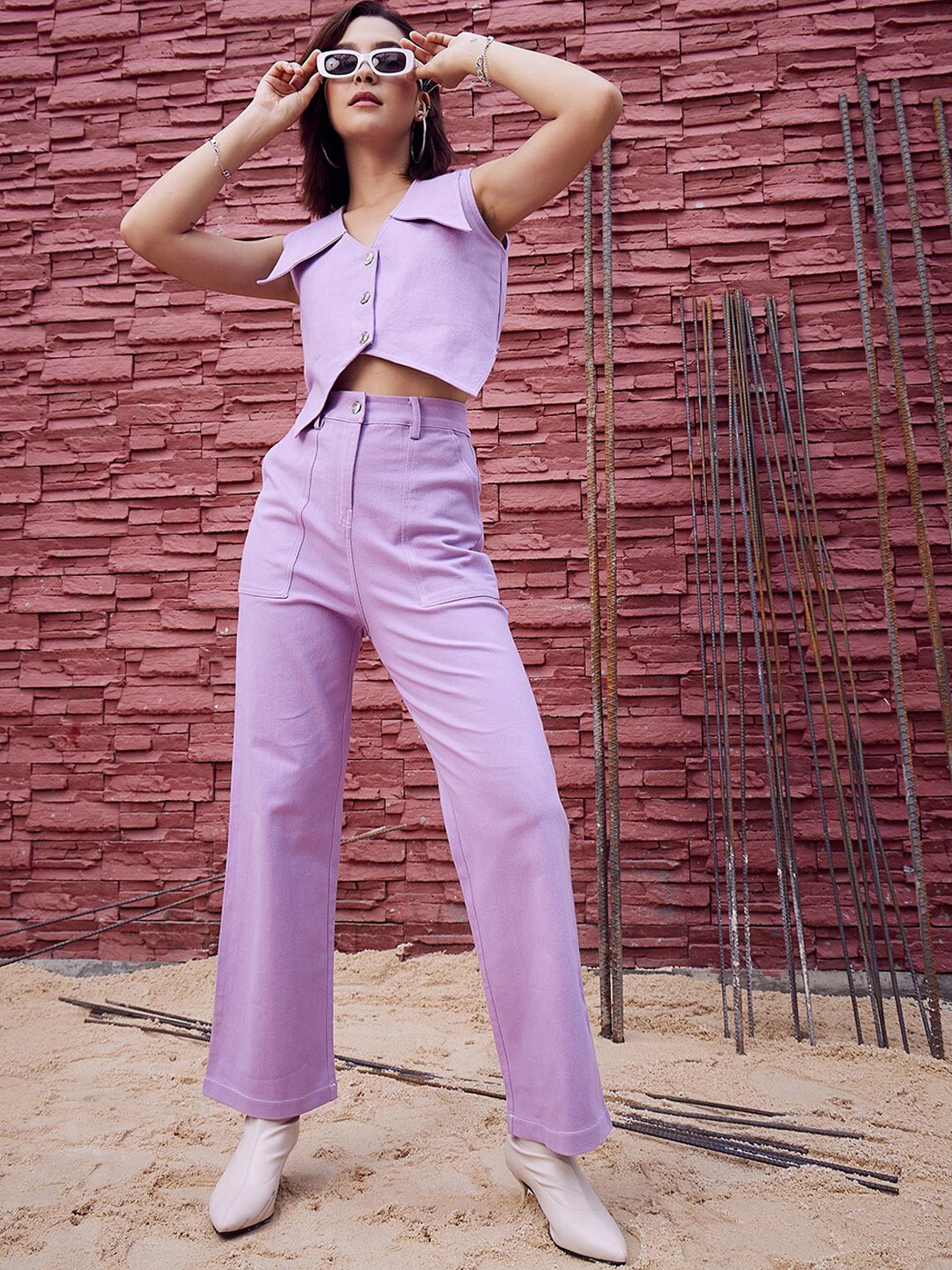 

Athena V-Neck Denim Top With Trousers, Lavender