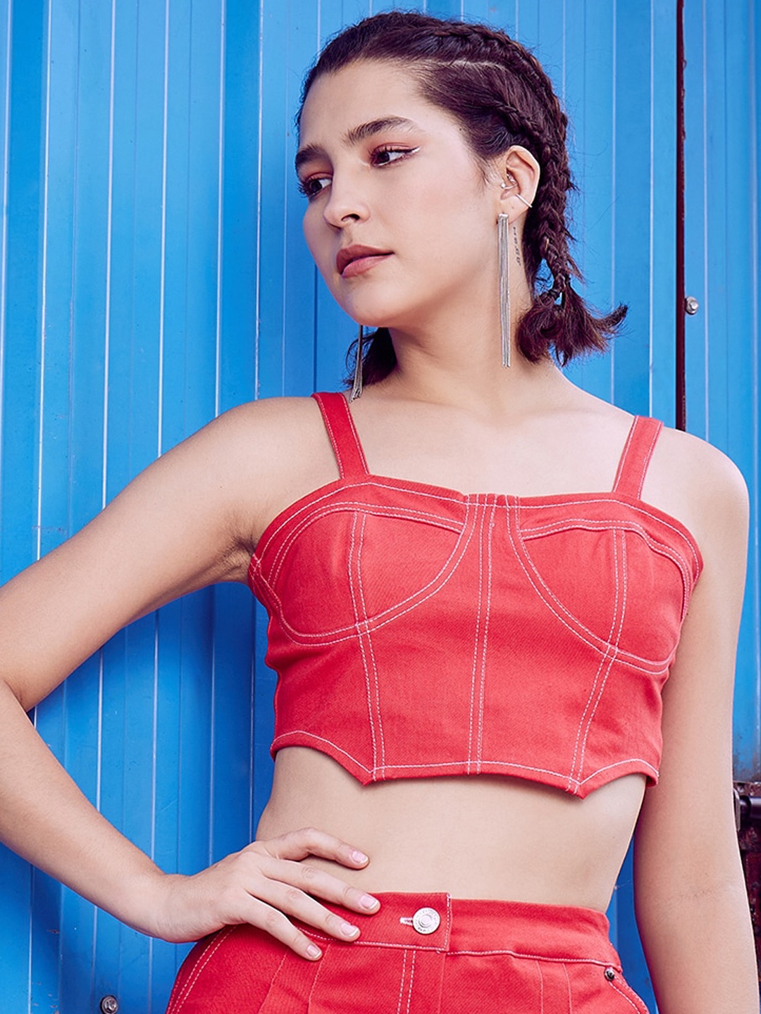 

Athena Red Pure Cotton Denim Top With Shorts