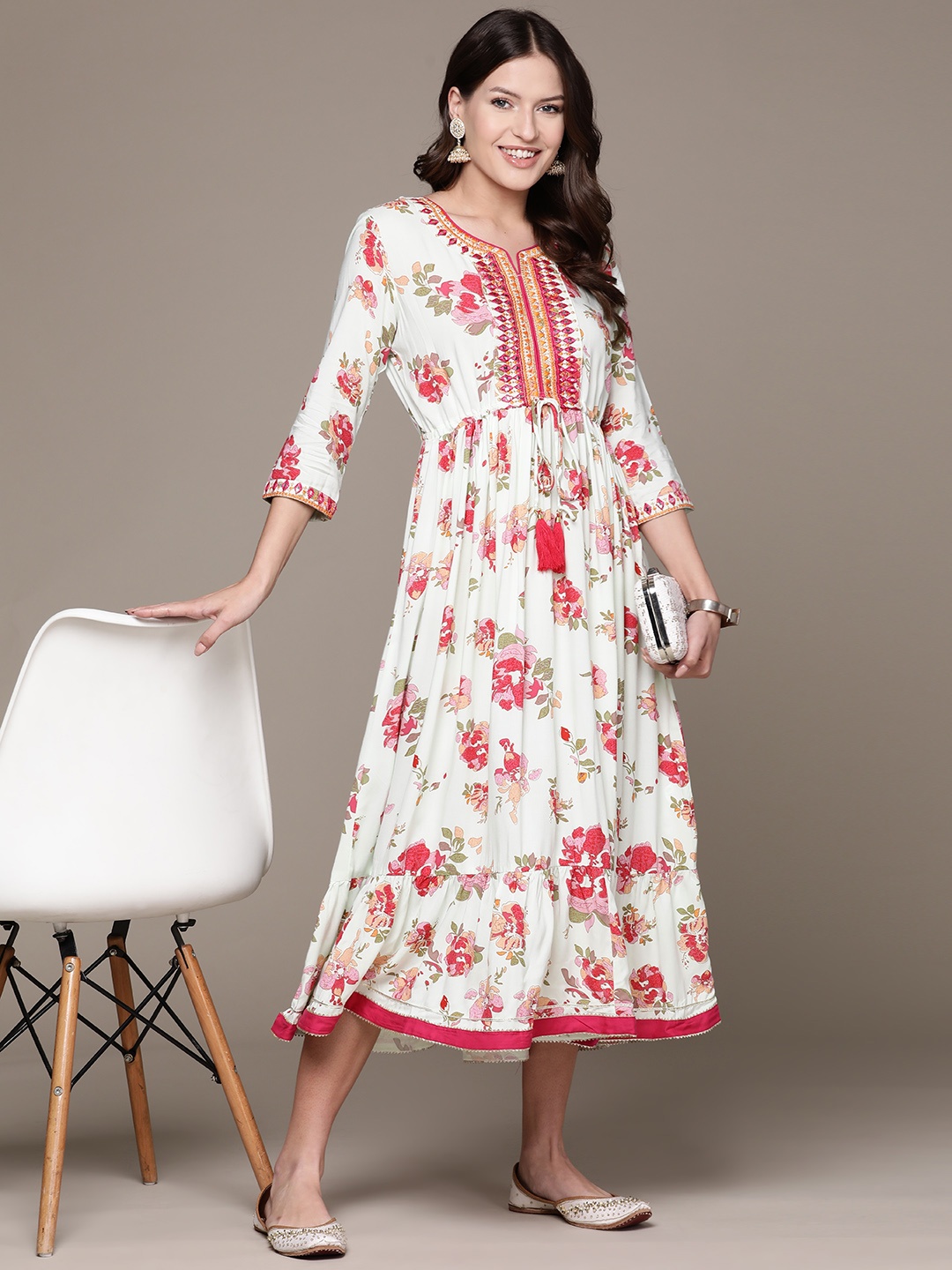

Ishin Floral Print Fit & Flare Midi Ethnic Dress with Tie-Ups Detail, White