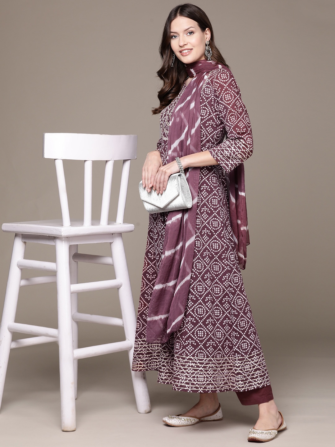 

Ishin Women Bandhani Printed Regular Mirror Work Pure Cotton Kurta with Palazzos & Dupatta, Purple