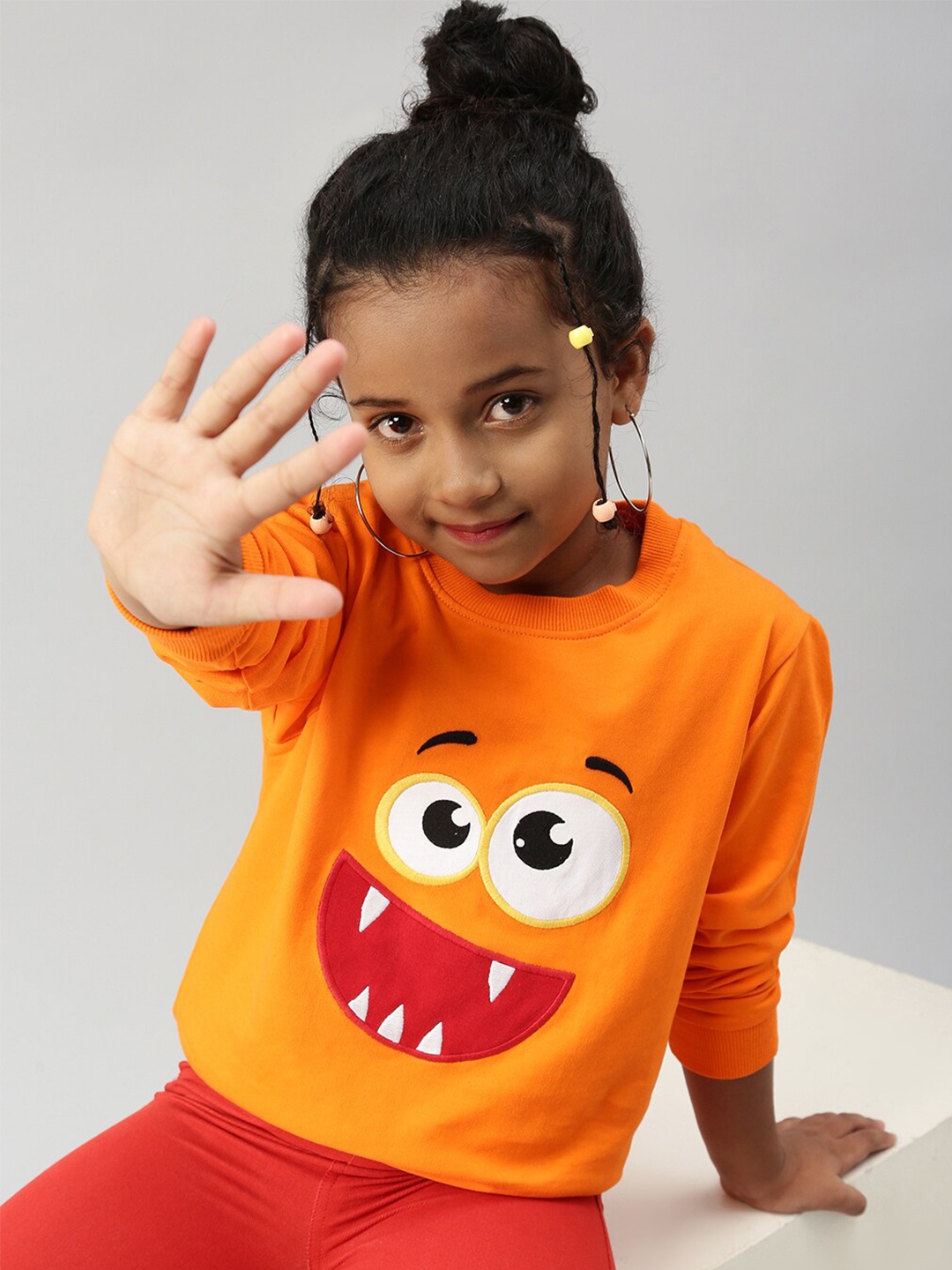 

De Moza Girls Embroidered Round Neck Cotton Sweatshirt, Orange