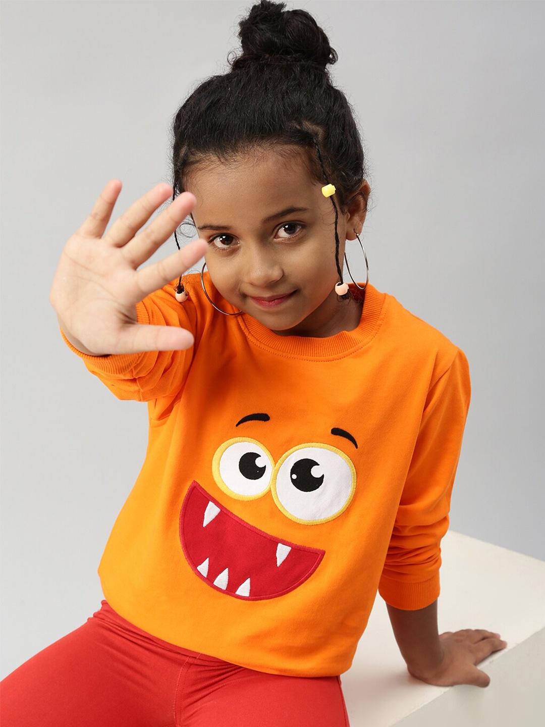 

De Moza Girls Embroidered Round Neck Cotton Sweatshirt, Orange