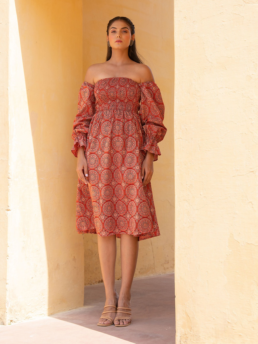 

KAORI BY SHREYA AGARWAL Ethnic Motifs Printed Smocked Cotton Fit & Flare Midi Dress, Orange