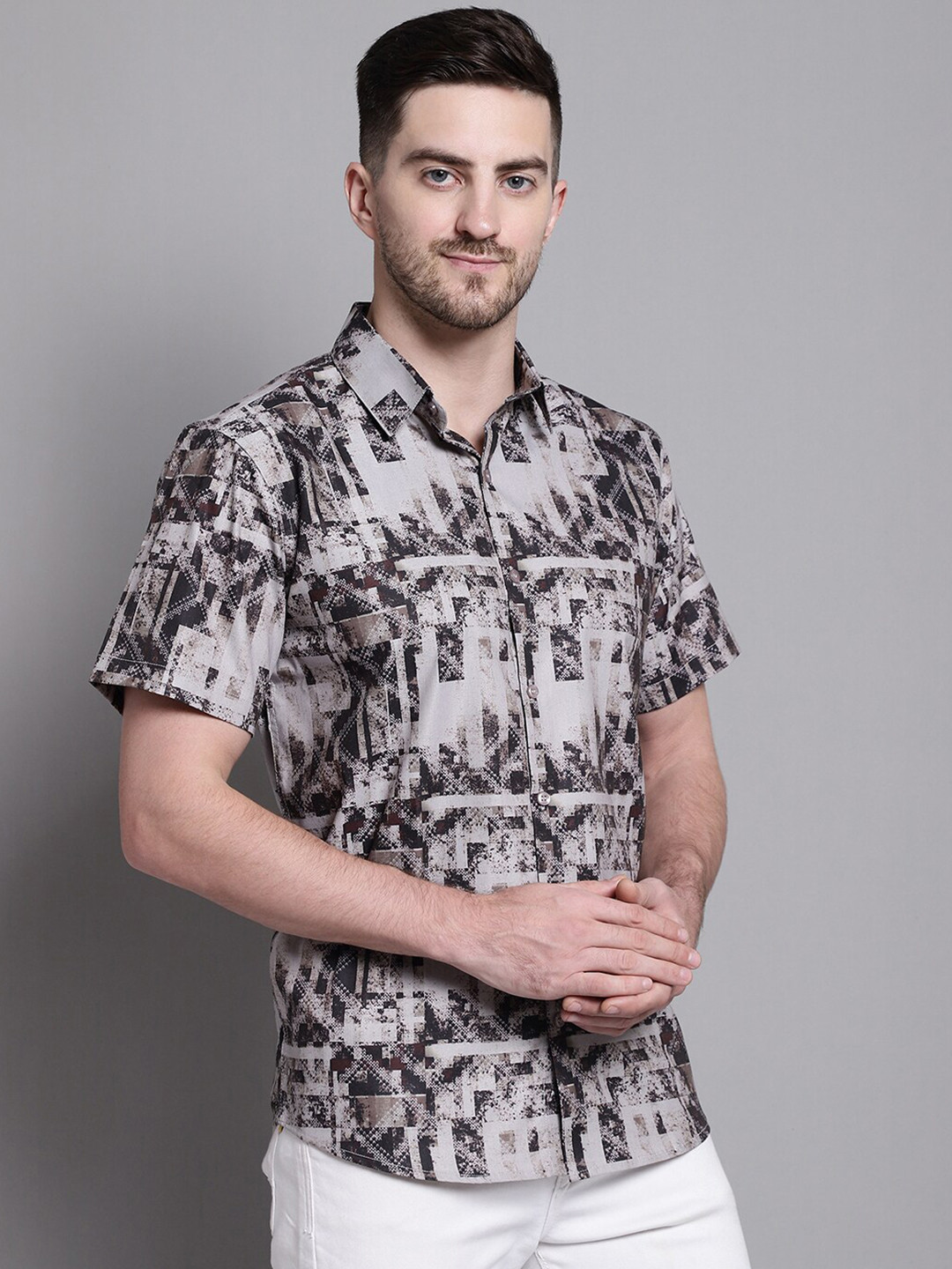 

JAINISH Abstract Printed Spread Collar Classic Casual Shirt, Grey
