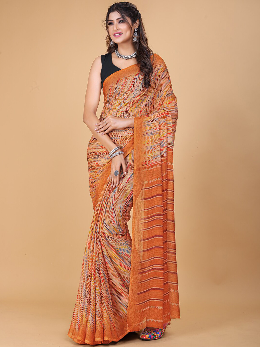 

KALINI Abstract Print Pure Chiffon Saree, Brown