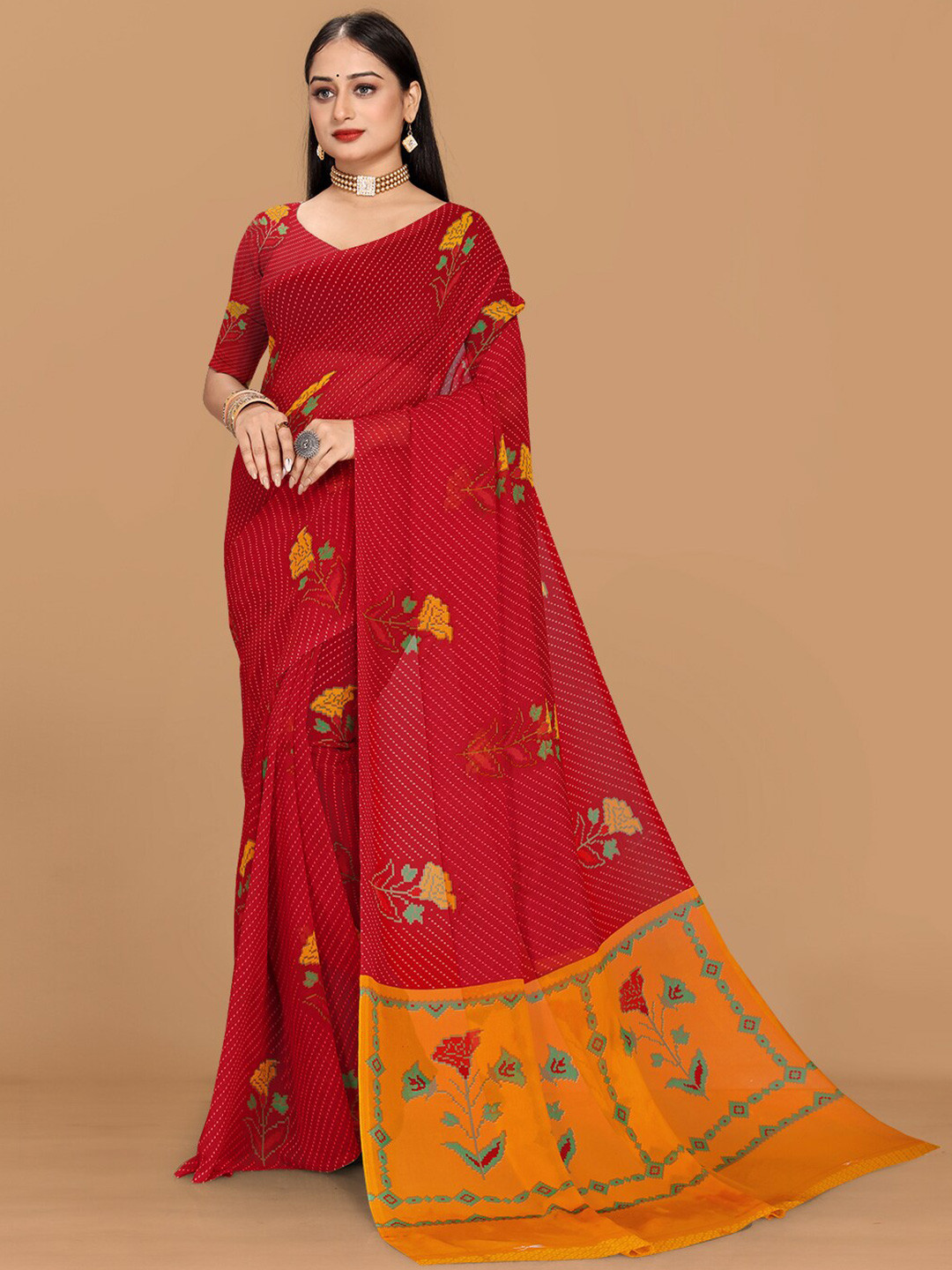 

KALINI Floral Print Pure Georgette Saree, Red