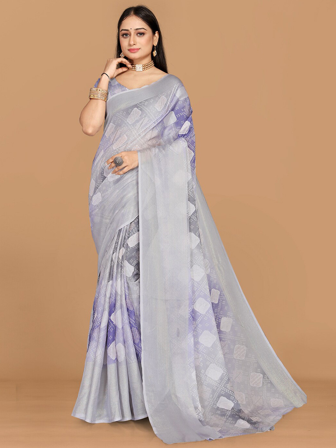 

KALINI Bandhani Pure Chiffon Saree, Grey