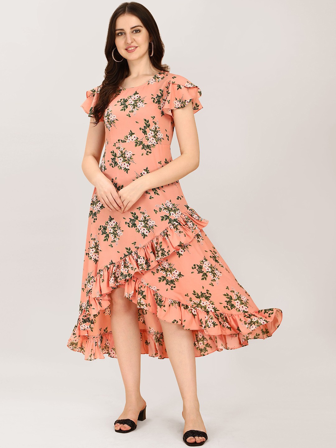 

BAESD Floral Printed Flared Sleeves A-Line Midi Dress, Orange