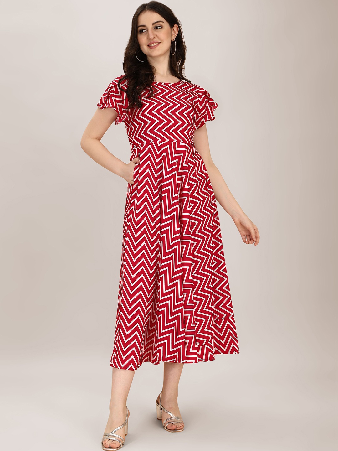 

BAESD Geometric Printed Round Neck Flared Sleeves A-Line Dress, Red