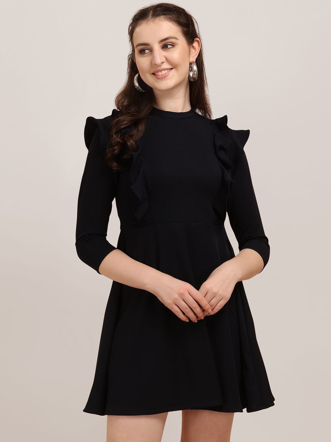 

BAESD Round Neck Ruffled Fit & Flare Dress, Black