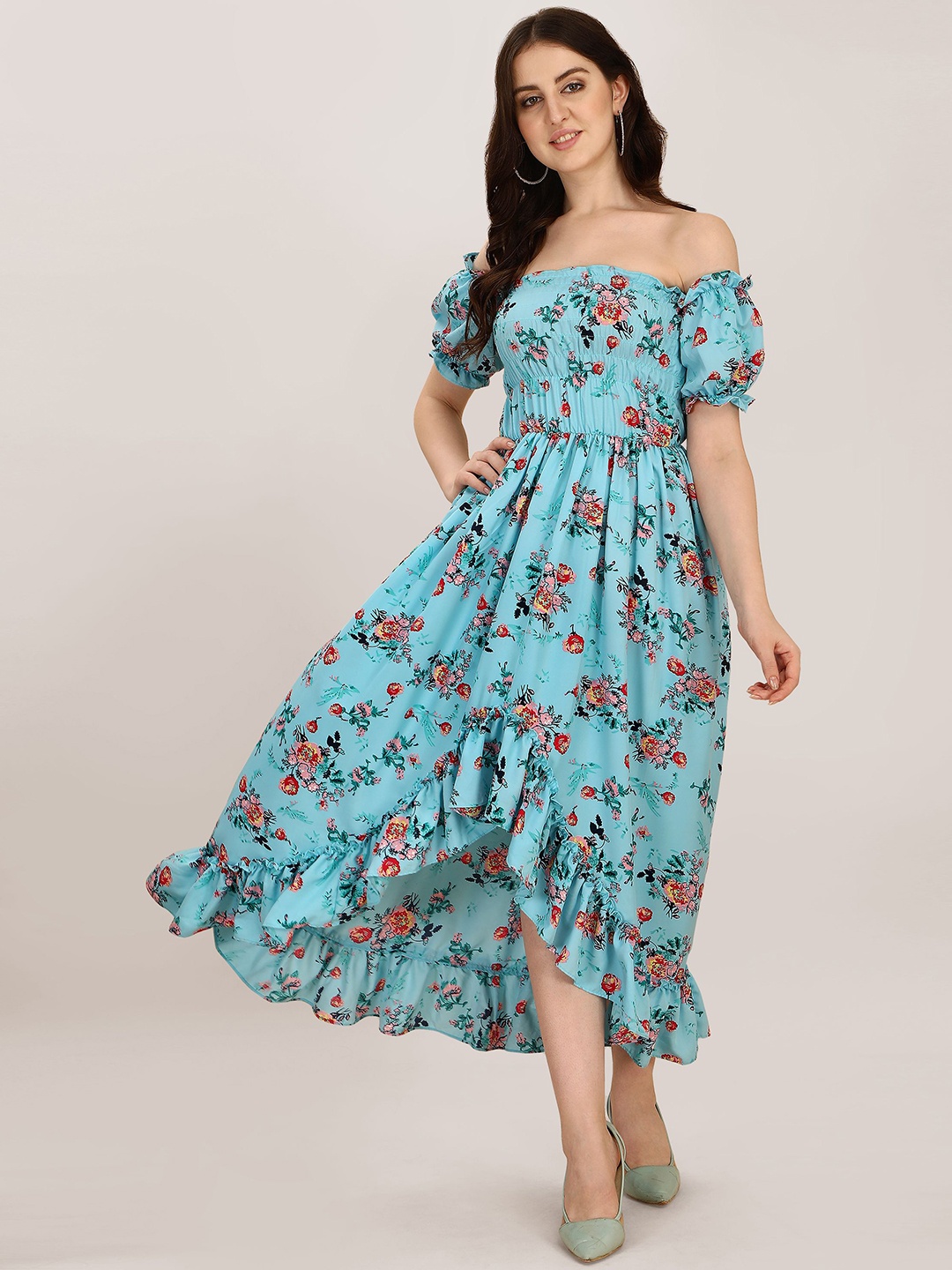 

BAESD Floral Printed Off-Shoulder Puff Sleeves Fit & Flare Midi Dress, Blue