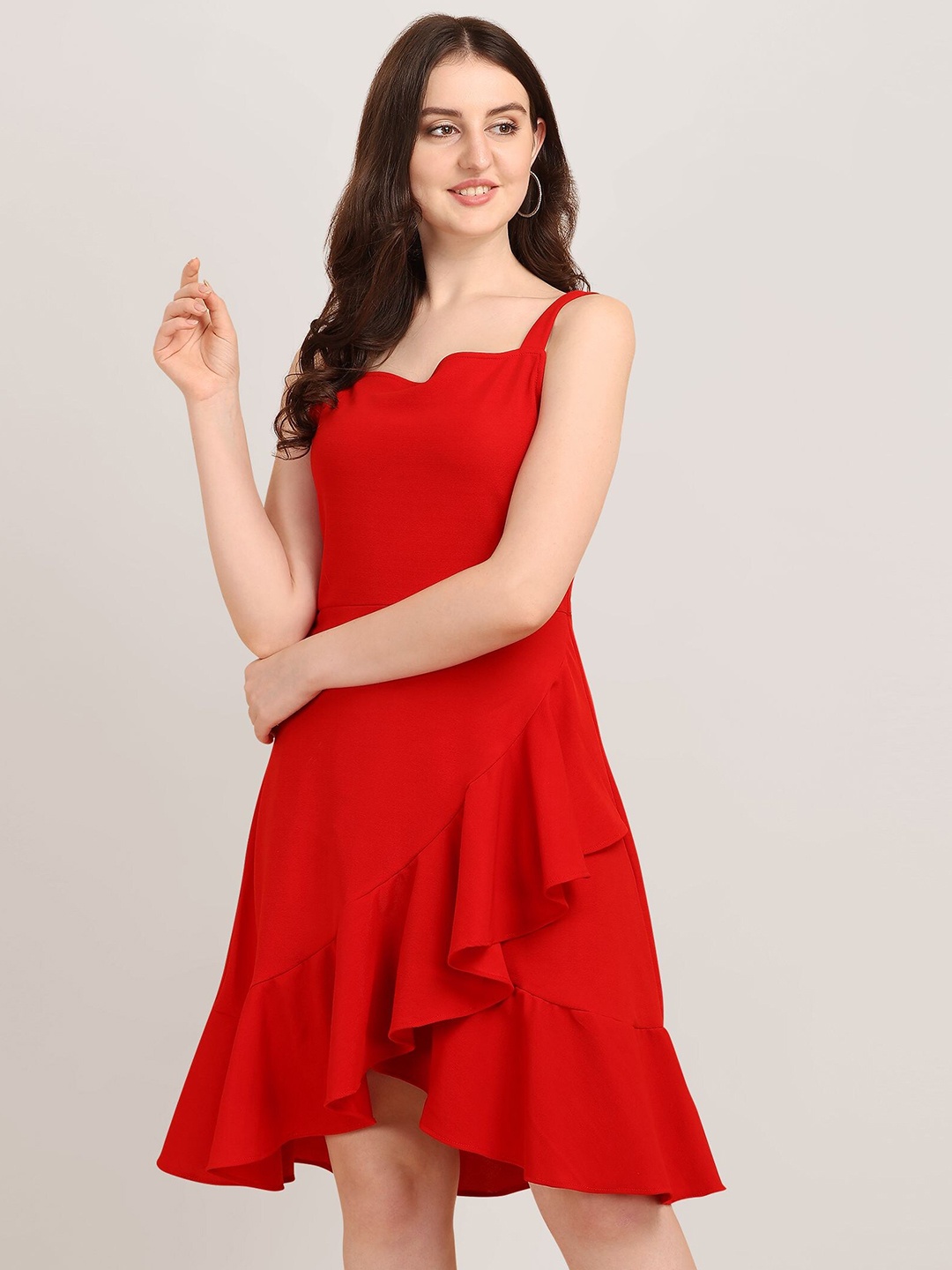 

BAESD Square Neck Shoulder Straps A-Line Dress, Red