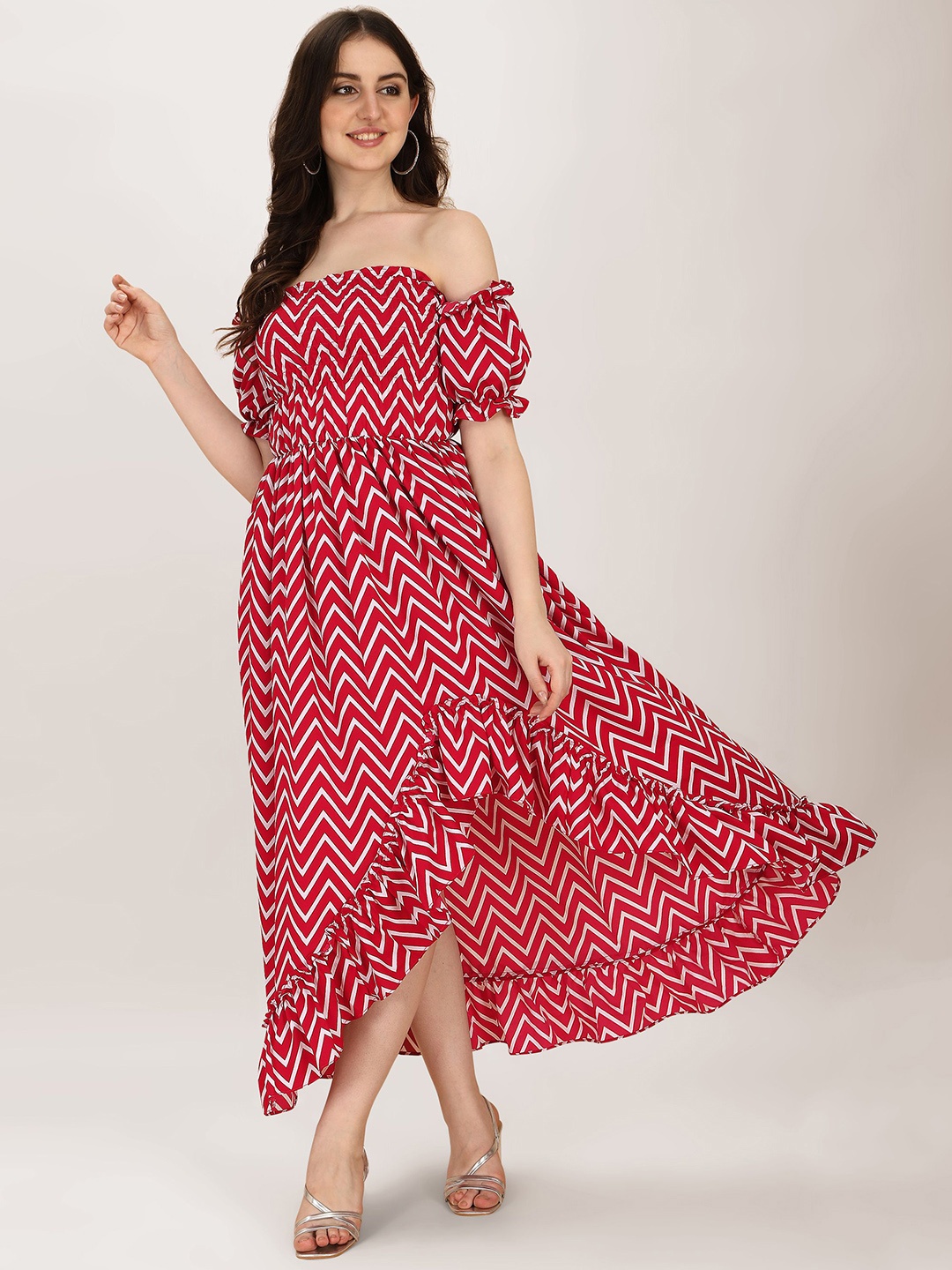 

BAESD Floral Printed Off-Shoulder Smocked Detail Fit & Flare Midi Dress, Red