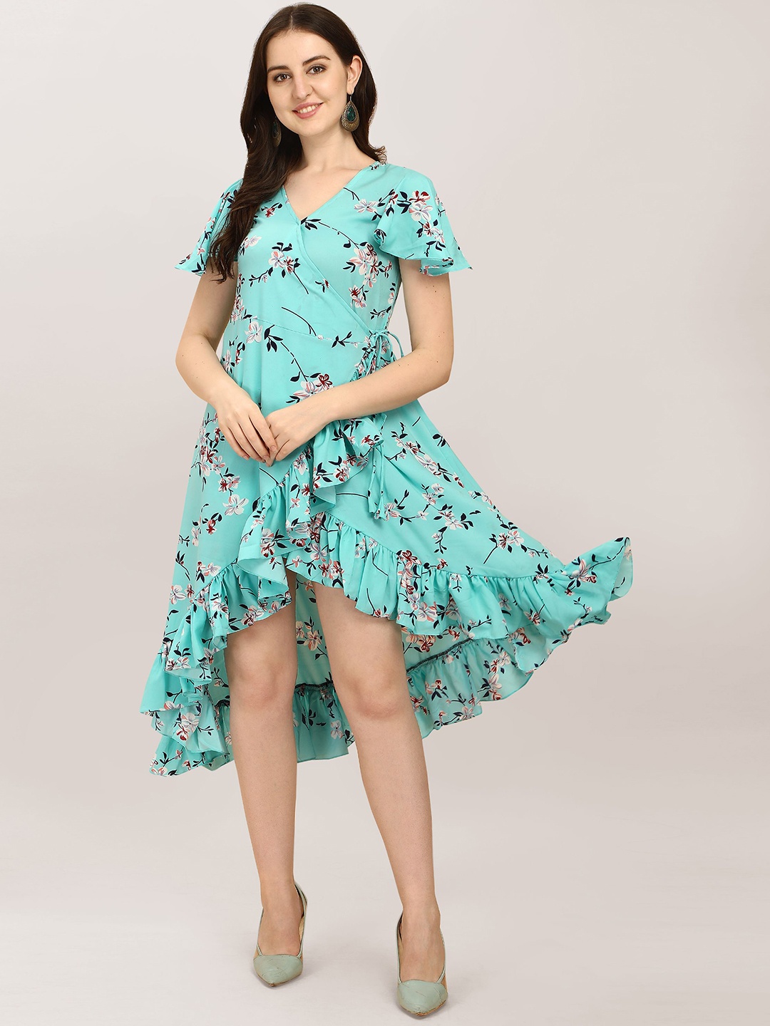 

BAESD Floral Printed V-Neck Flared Sleeves A-Line Dress, Blue