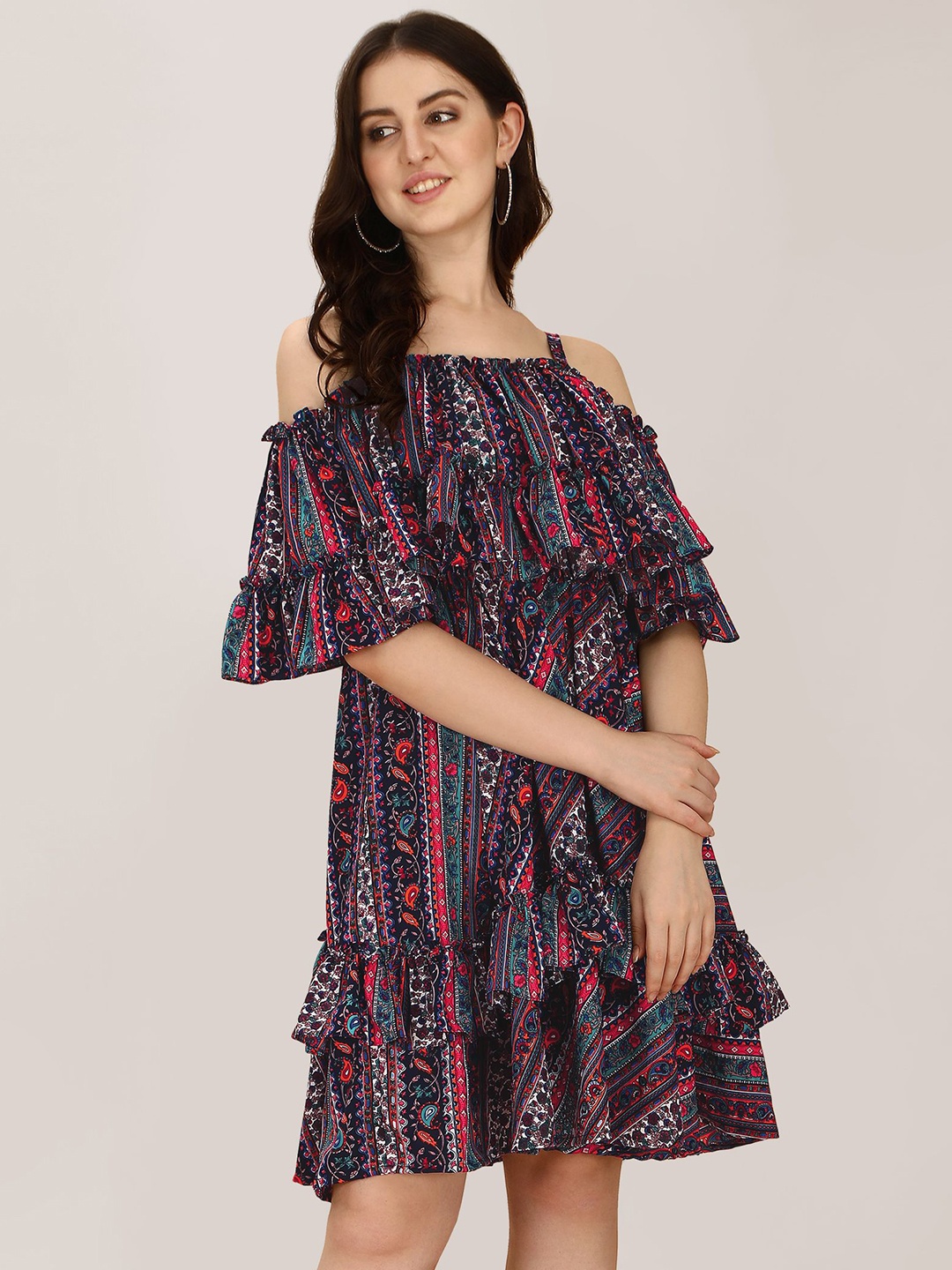 

BAESD Ethnic Motifs Printed Cold-Shoulder Sleeves Ruffles Detail A-Line Dress, Black