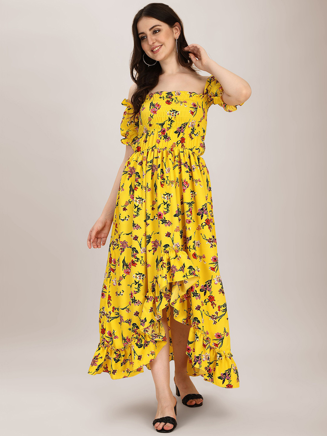 

BAESD Floral Printed Off-Shoulder Puff Sleeve Fit & Flare Maxi Dress, Yellow