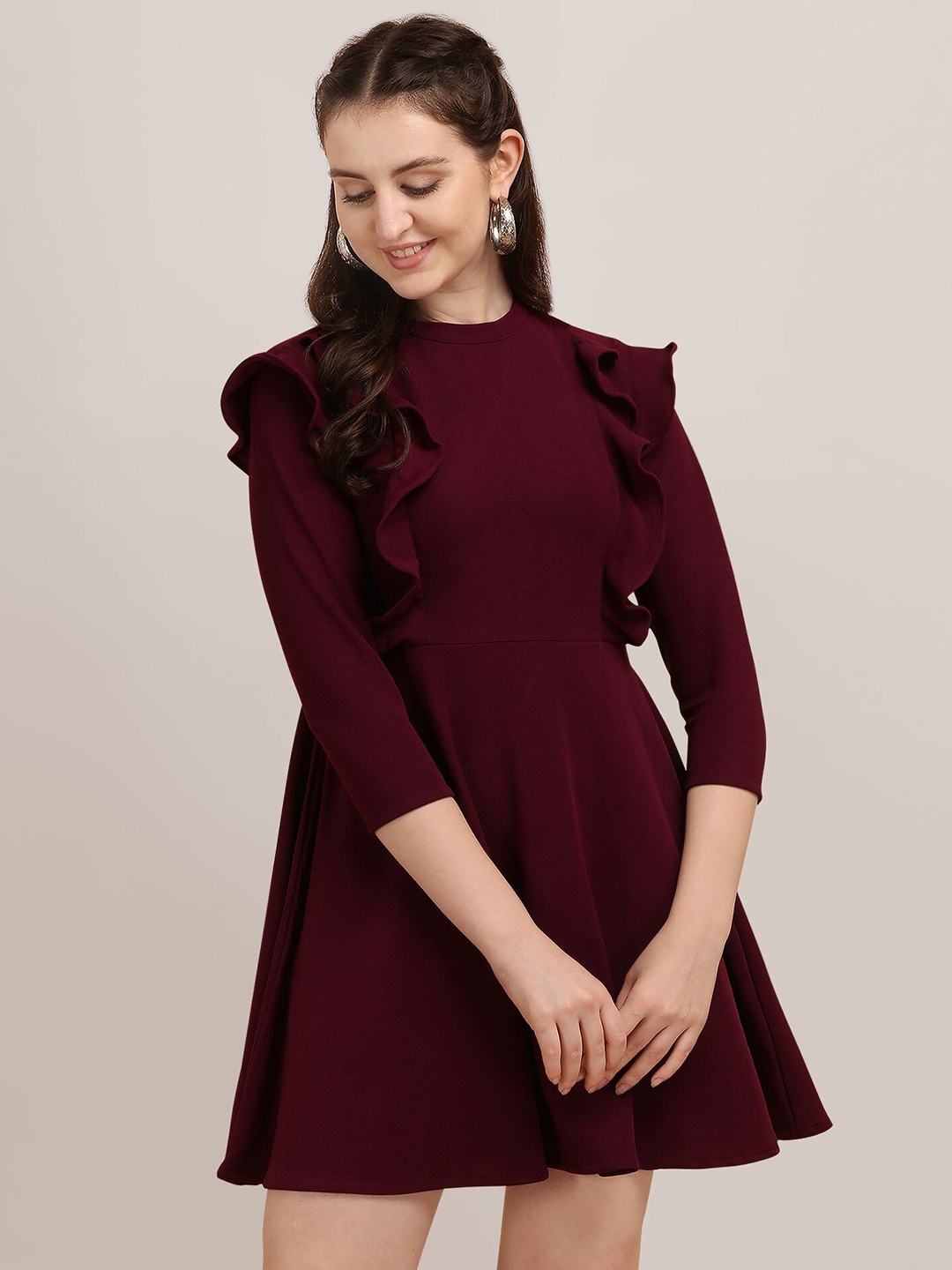 

BAESD High Neck Ruffled Detailed A-Line Dress, Purple