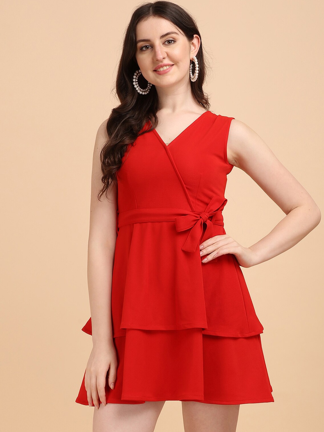 

BAESD Layered Detailed V-Neck A-Line Dress, Red