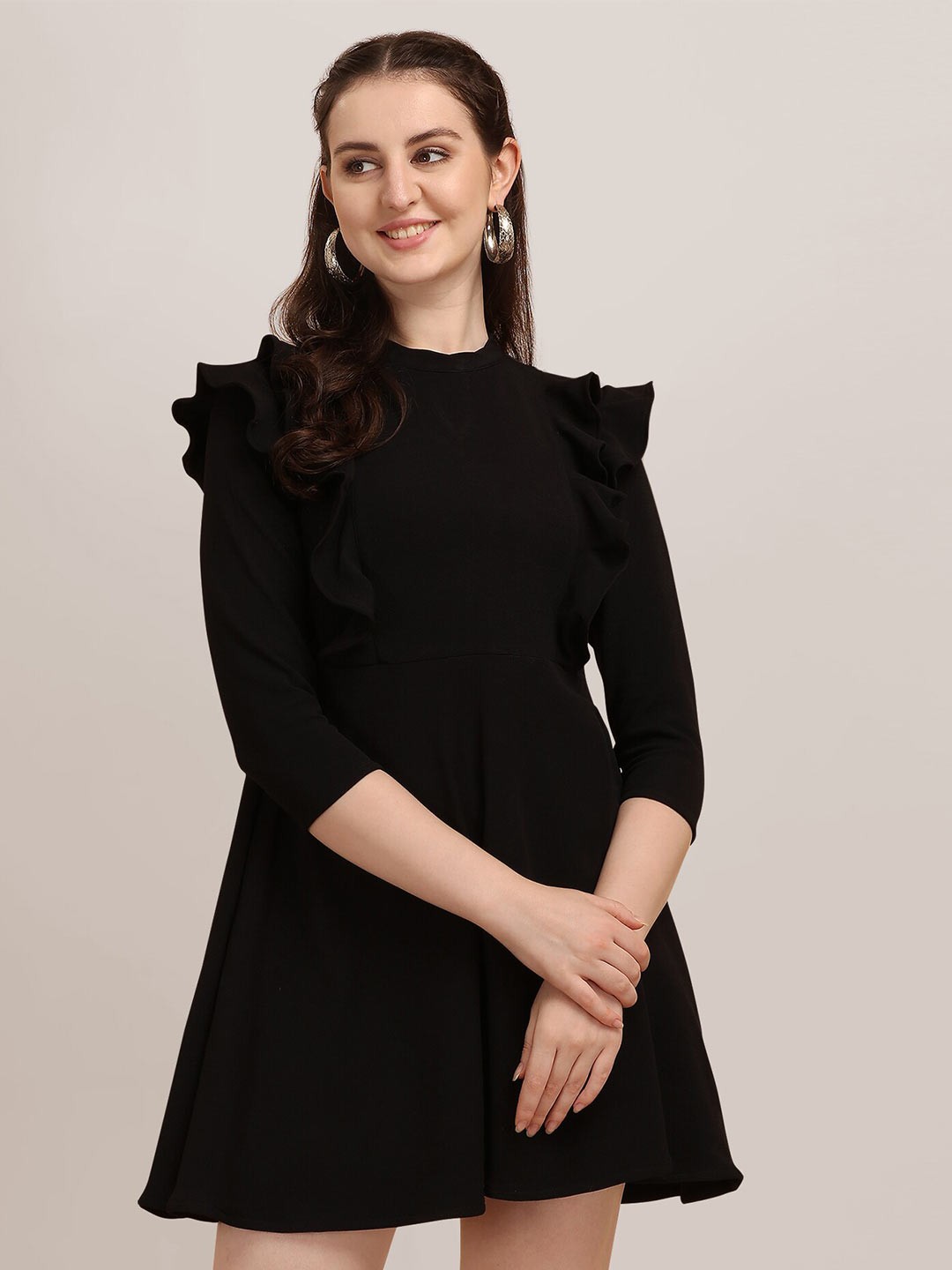 

BAESD High Neck Ruffled A-Line Dress, Black