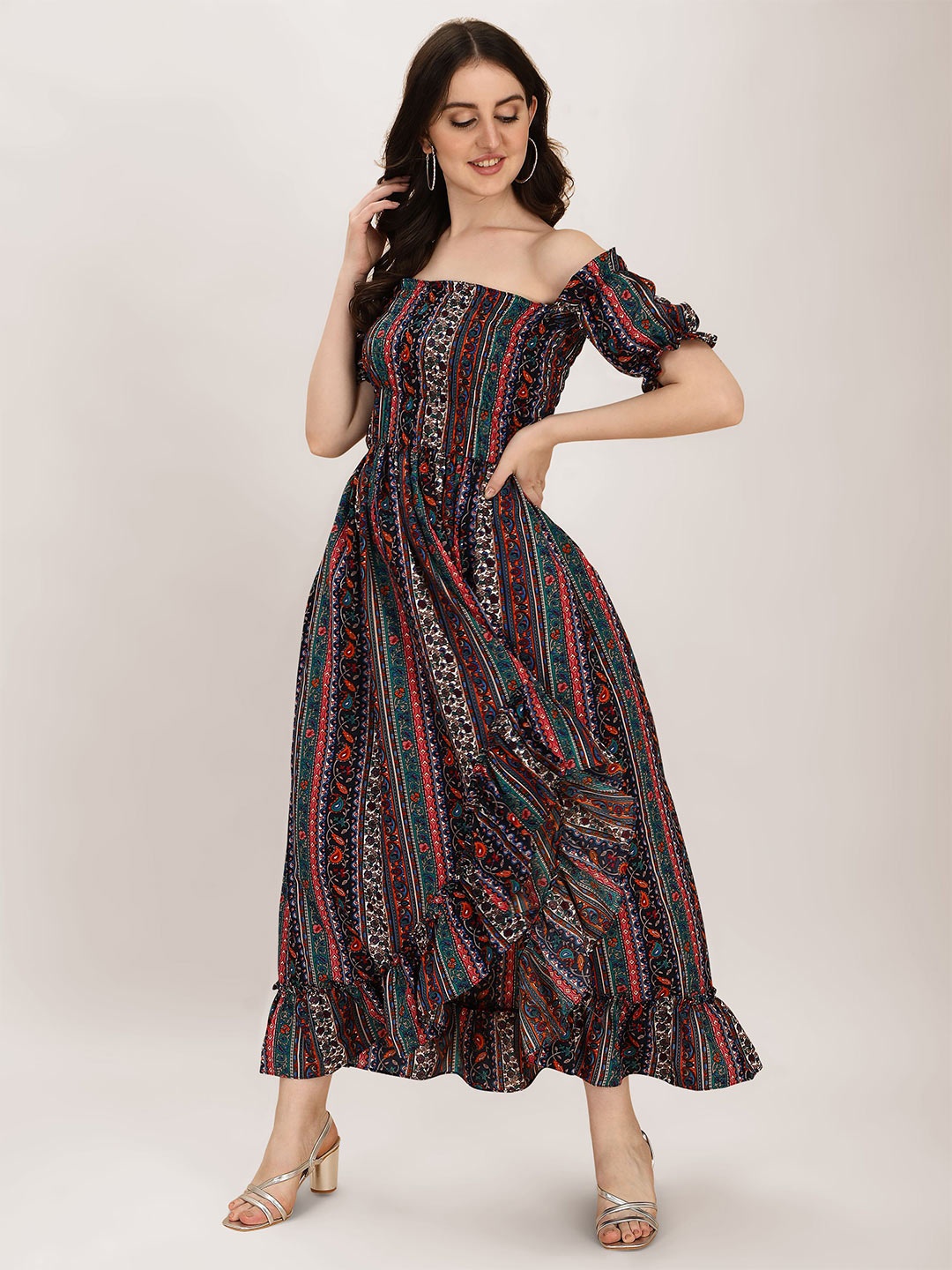 

BAESD Ethnic Motifs Printed Off-Shoulder Puff Sleeves Maxi Dress, Orange