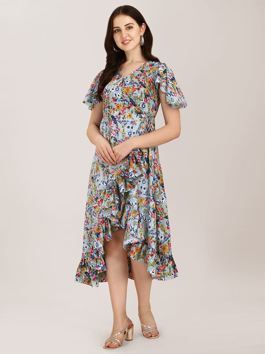 

BAESD Floral Printed V-Neck Flared Sleeves A-Line Dress, Blue