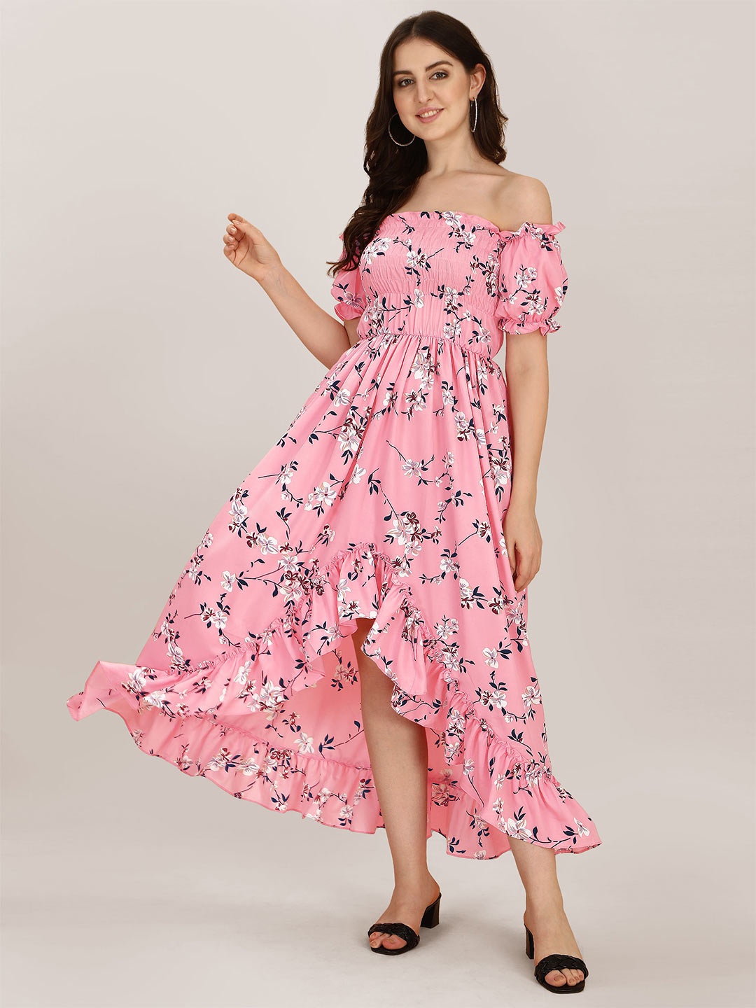 

BAESD Floral Printed Off-Shoulder Smocked Detail Fit & Flare Midi Dress, Pink