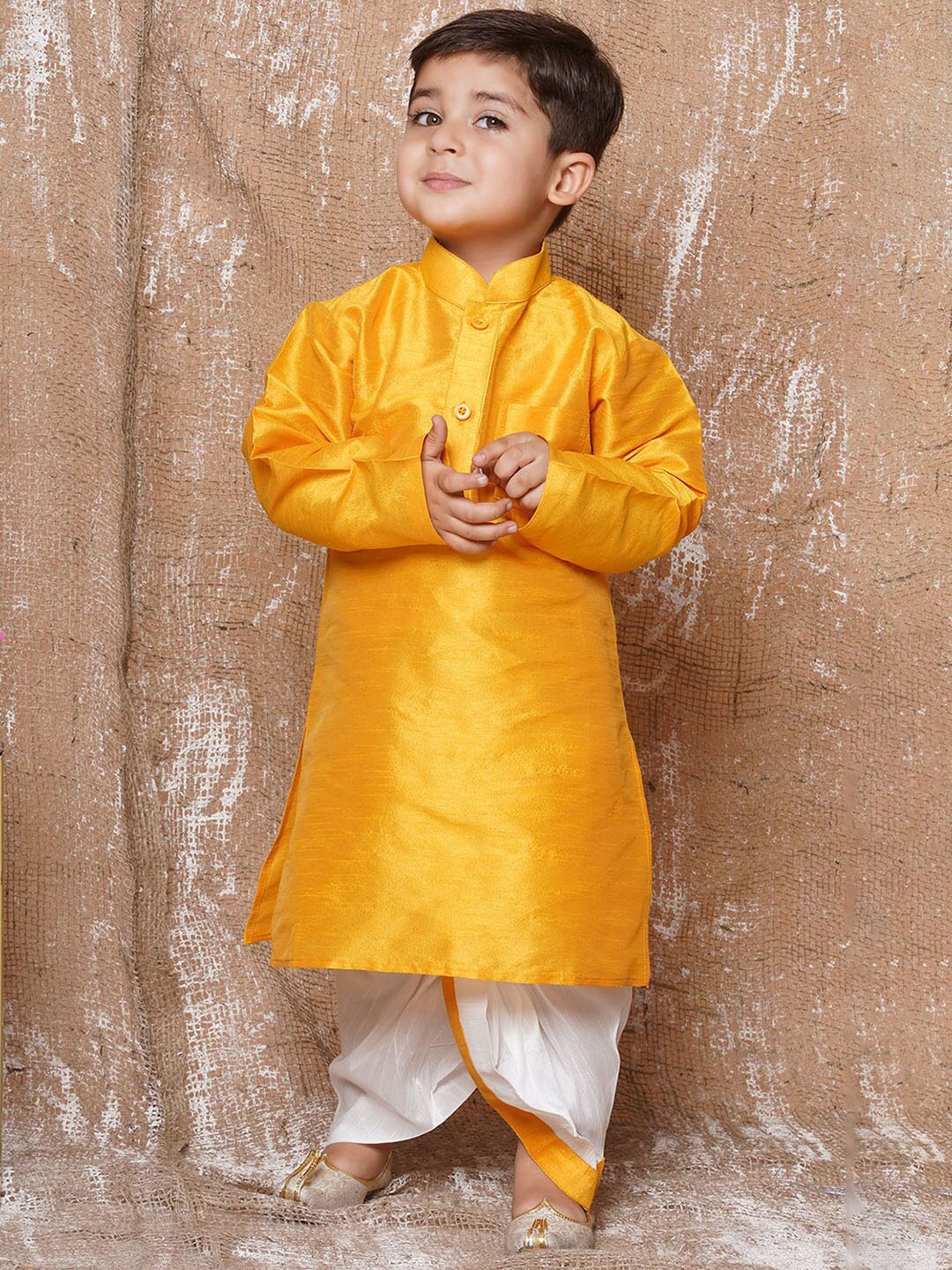 

Aj DEZInES Boys Mandarin Collar Kurta With Dhoti Pants, Yellow