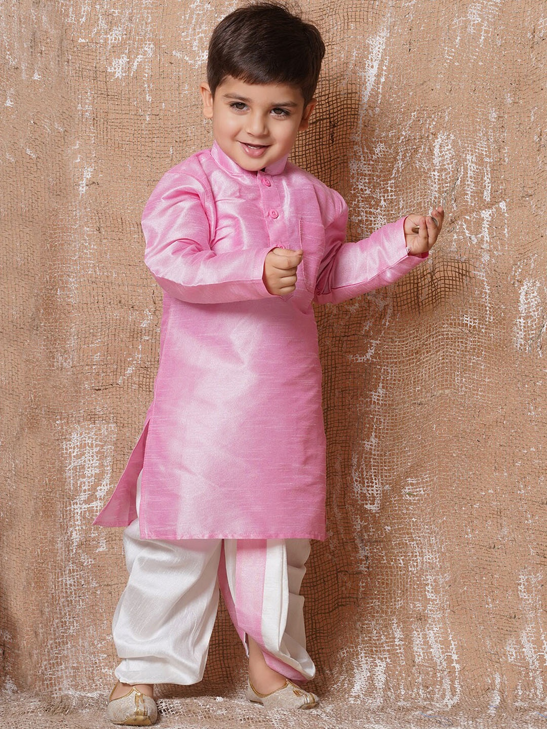 

Aj DEZInES Boys Mandarin Collar Straight Kurta With Dhoti Pants, Pink