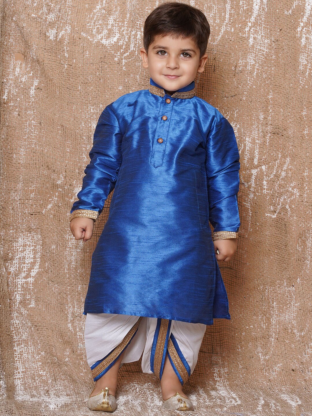 

Aj DEZInES Boys Mandarin Collar Straight Kurta With Dhoti Pants, Blue