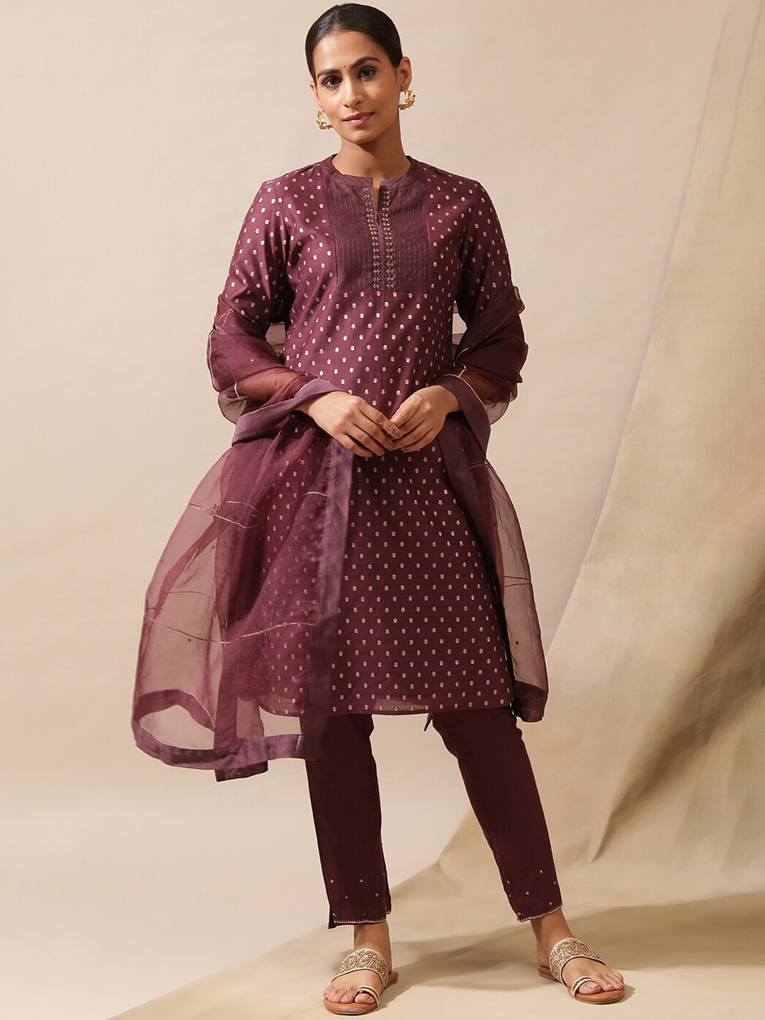 

W The Folksong Collection Floral Printed Beads and Stones Cotton Straight Kurta, Purple