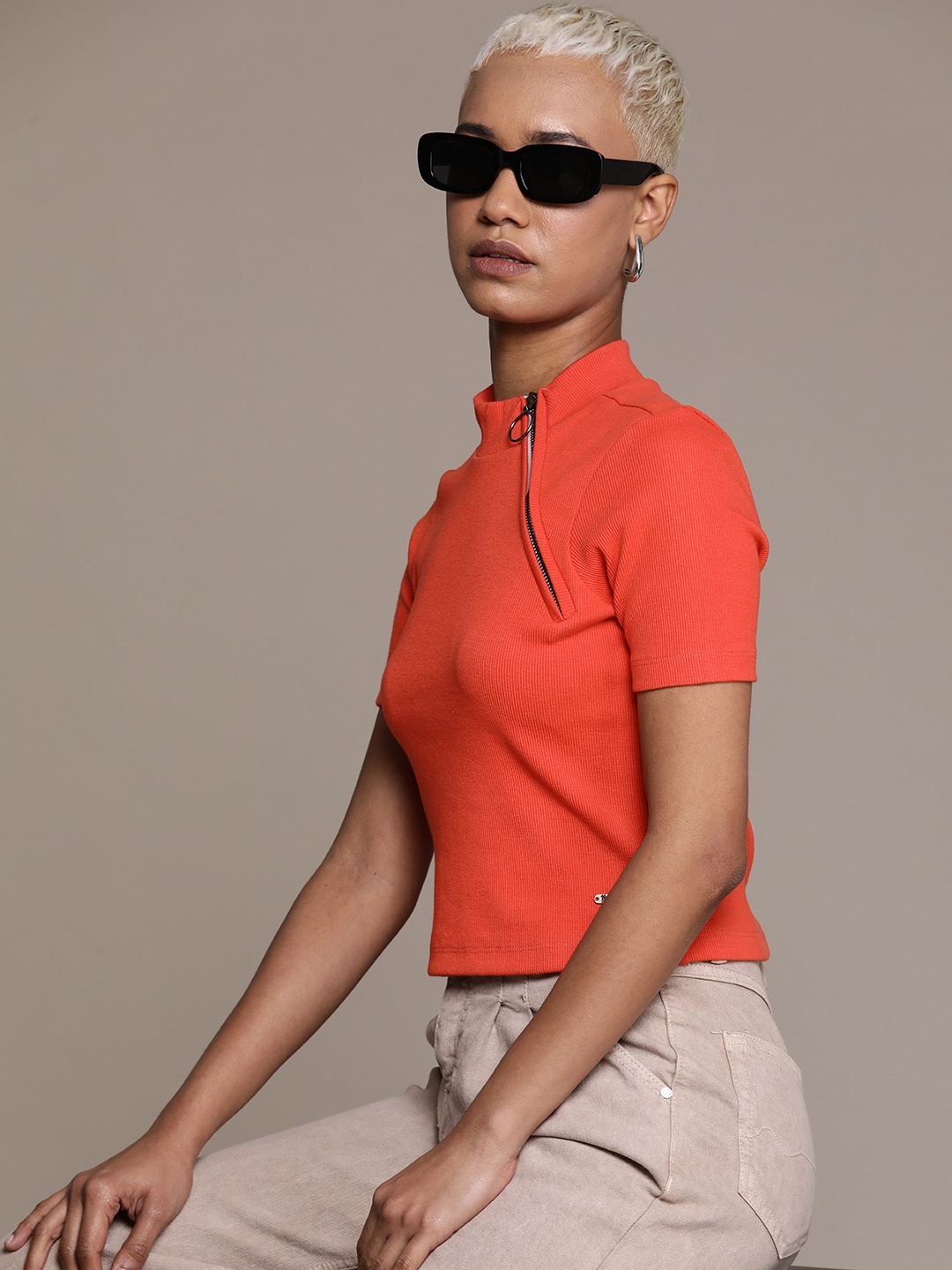 

The Roadster Lifestyle Co. Women Ribbed High Neck Knitted Fitted Top With Zip Detail, Orange