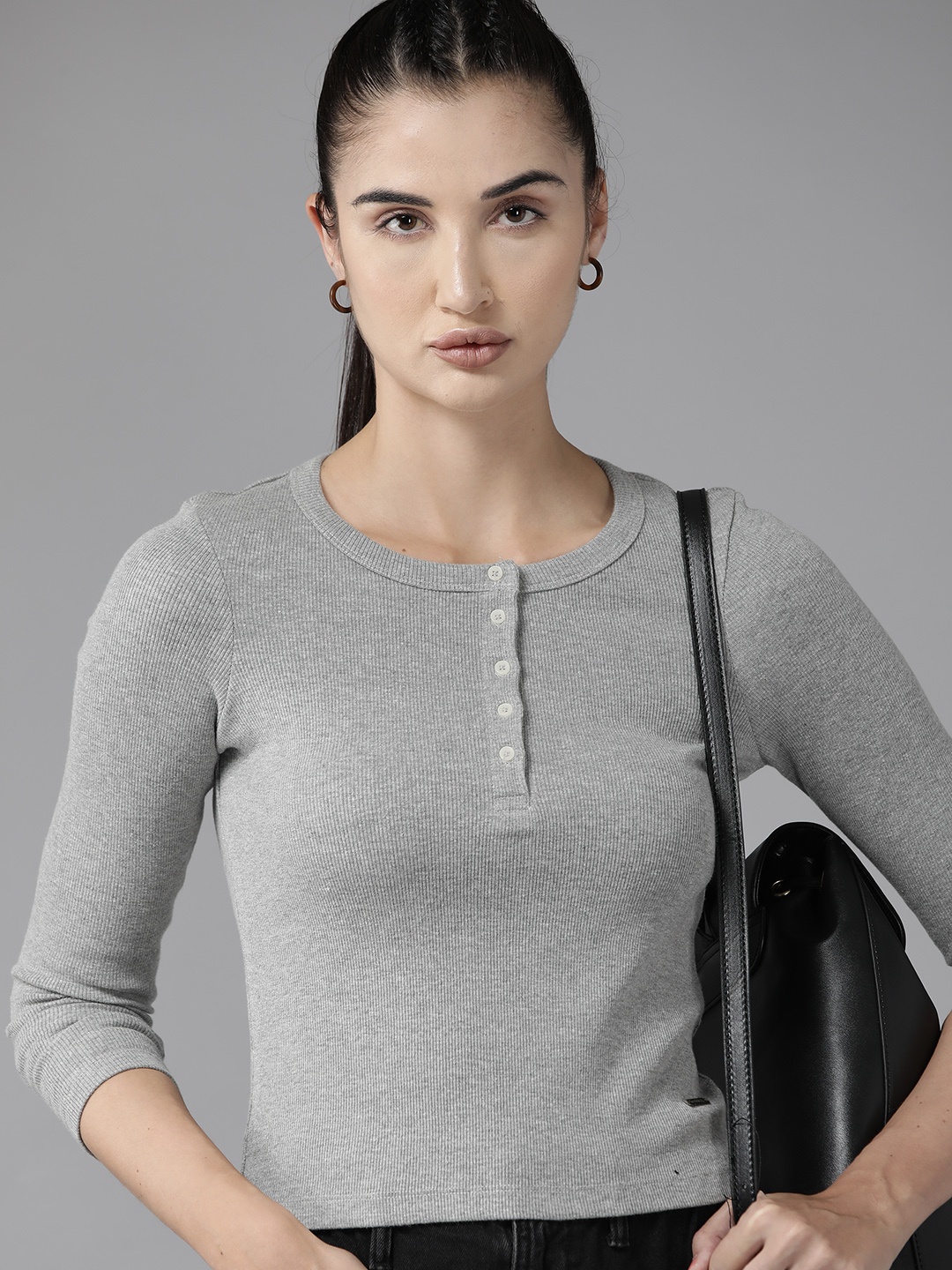 

Roadster Solid Crop Top, Grey melange