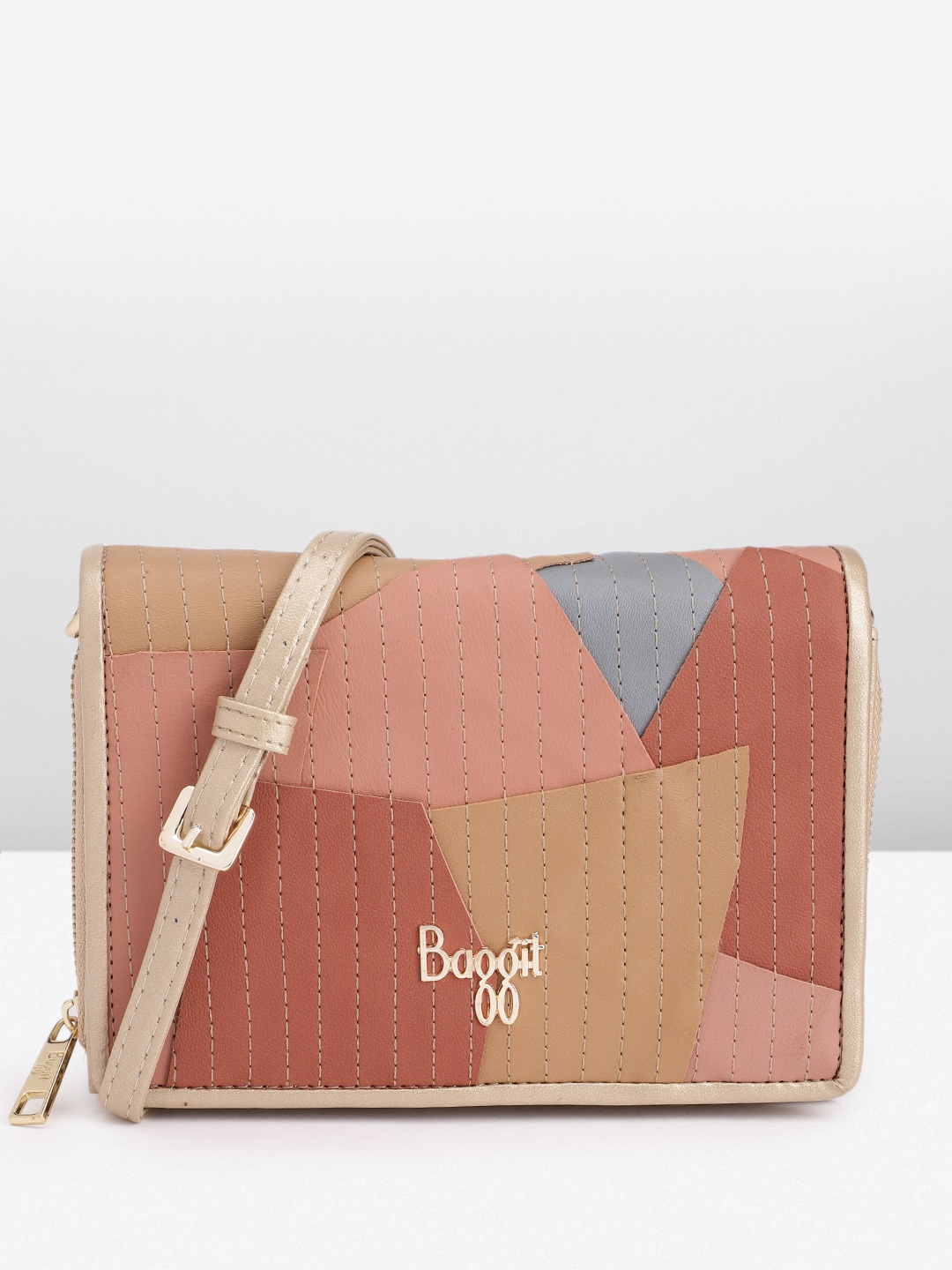 

Baggit Self Striped & Colourblocked PU Structured Sling Bag with Patchwork Detail, Gold