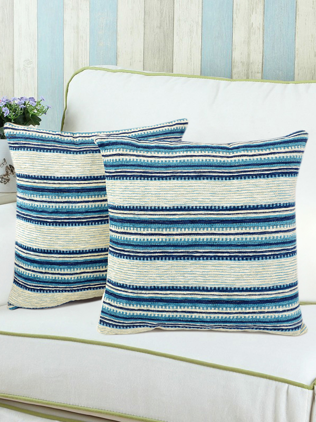 

Saral Home Blue Set of 2 Striped Square Cushion Covers