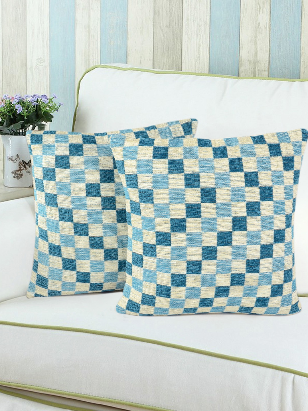 

Saral Home Blue Set of 2 Checked Square Cushion Covers
