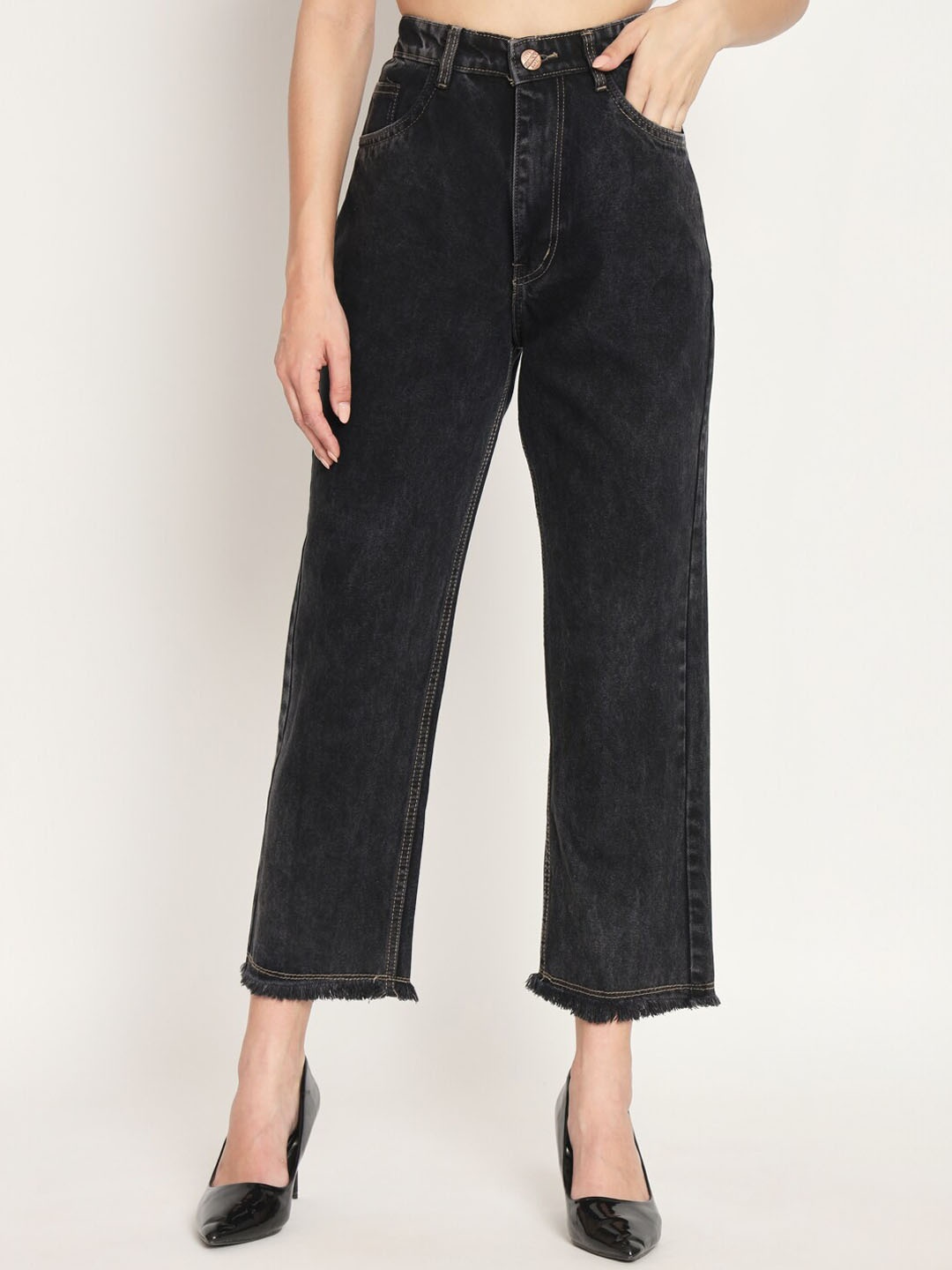 

AngelFab Women Jean Straight Fit High-Rise Jeans, Black