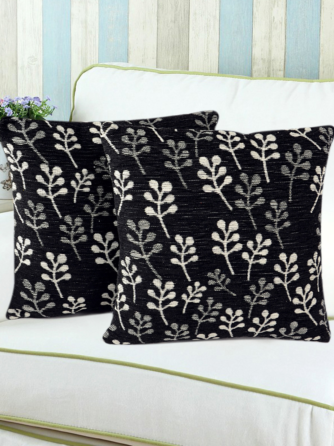 

Saral Home Black Set of 2 Floral Square Cushion Covers