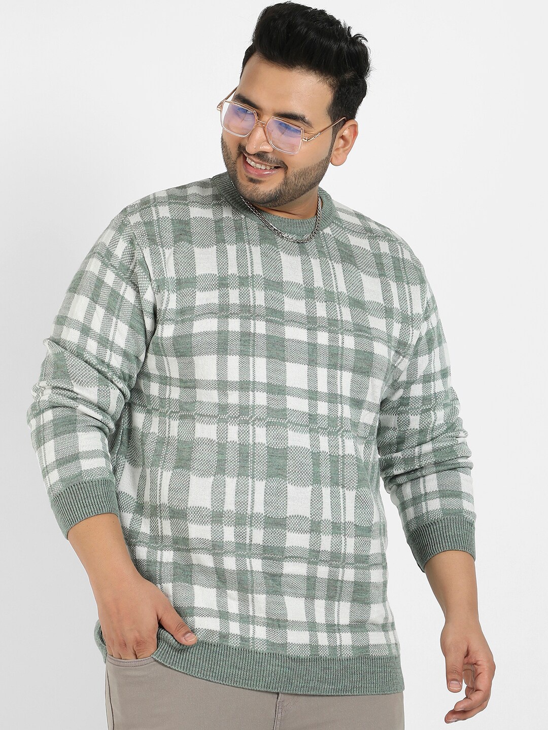 

Instafab Plus Checked Woollen Pullover, Green